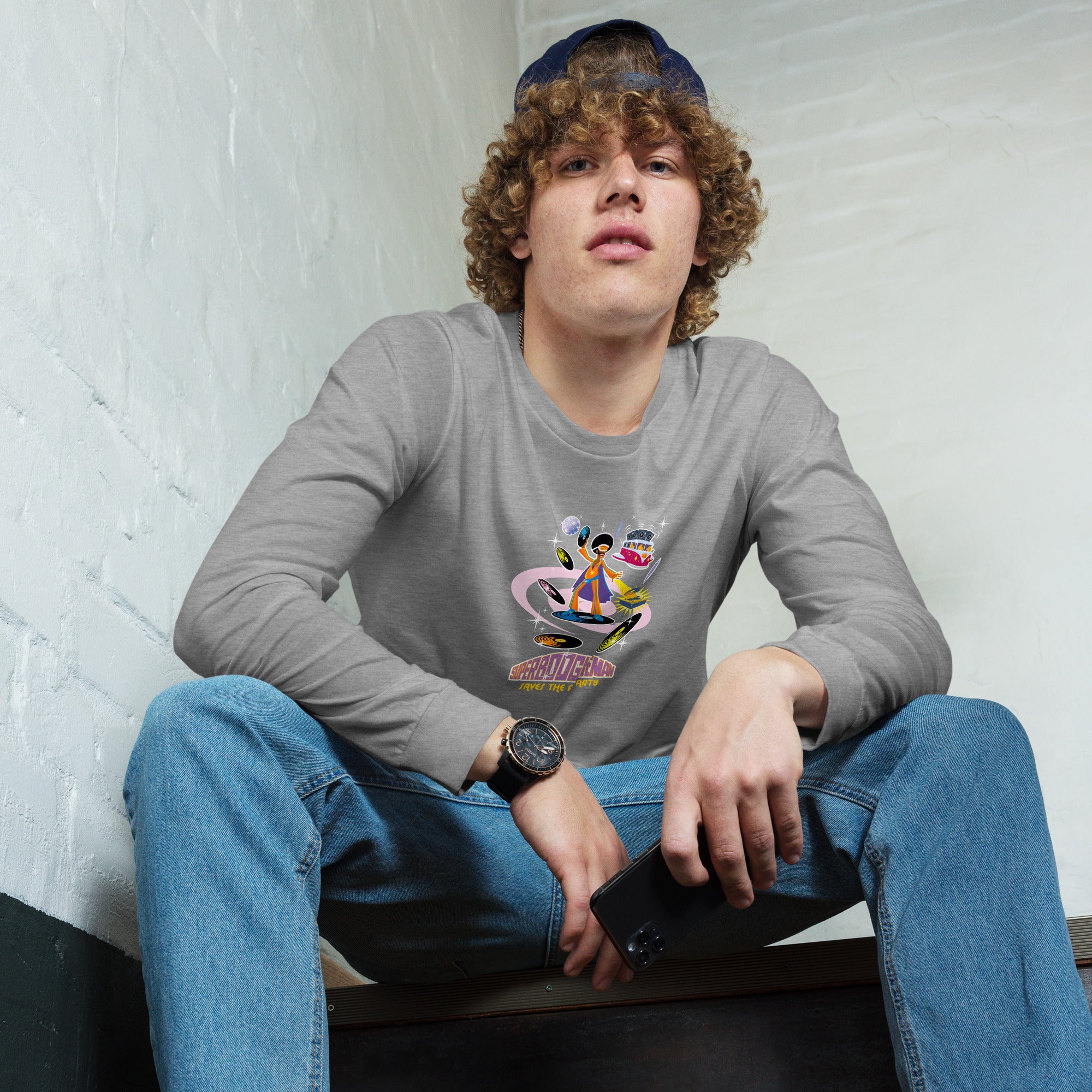 Unisex Long Sleeve Tee Superboogieman Saves the Party (front & back) on heather colors