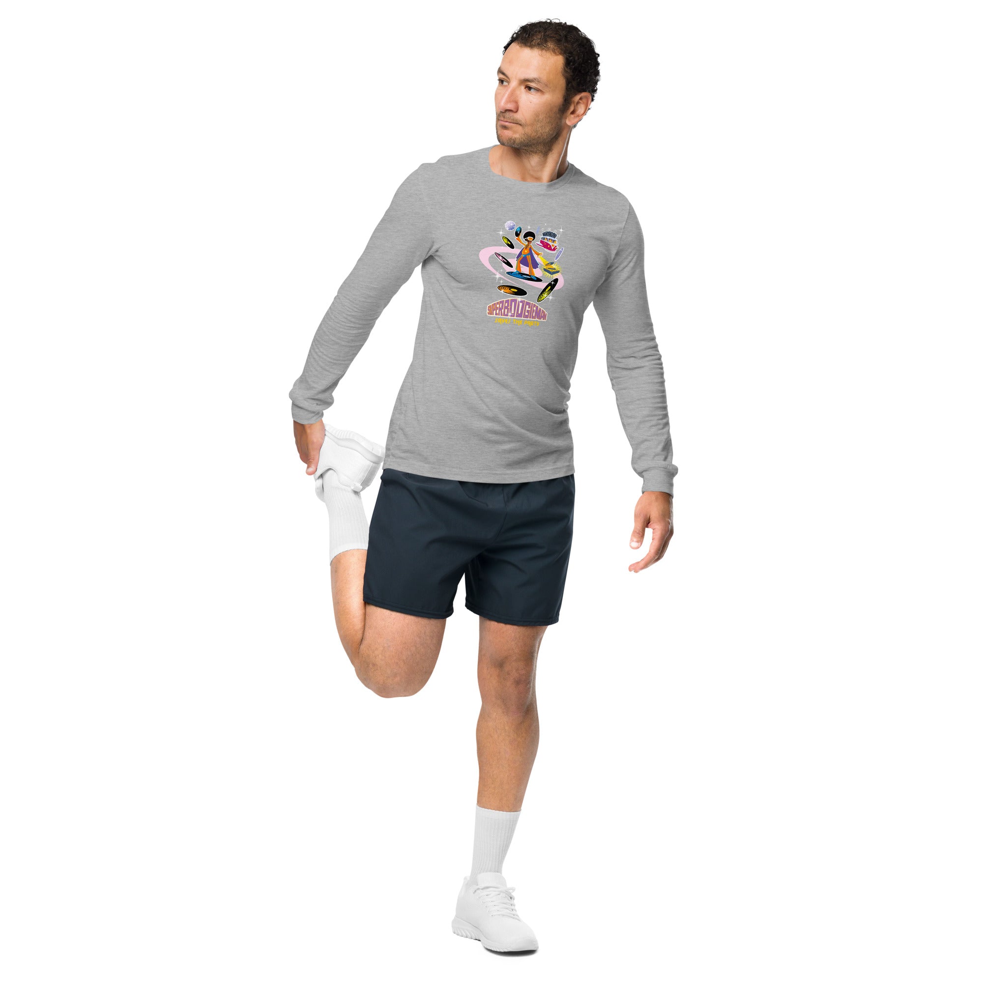 Unisex Long Sleeve Tee Superboogieman Saves the Party (front & back) on heather colors