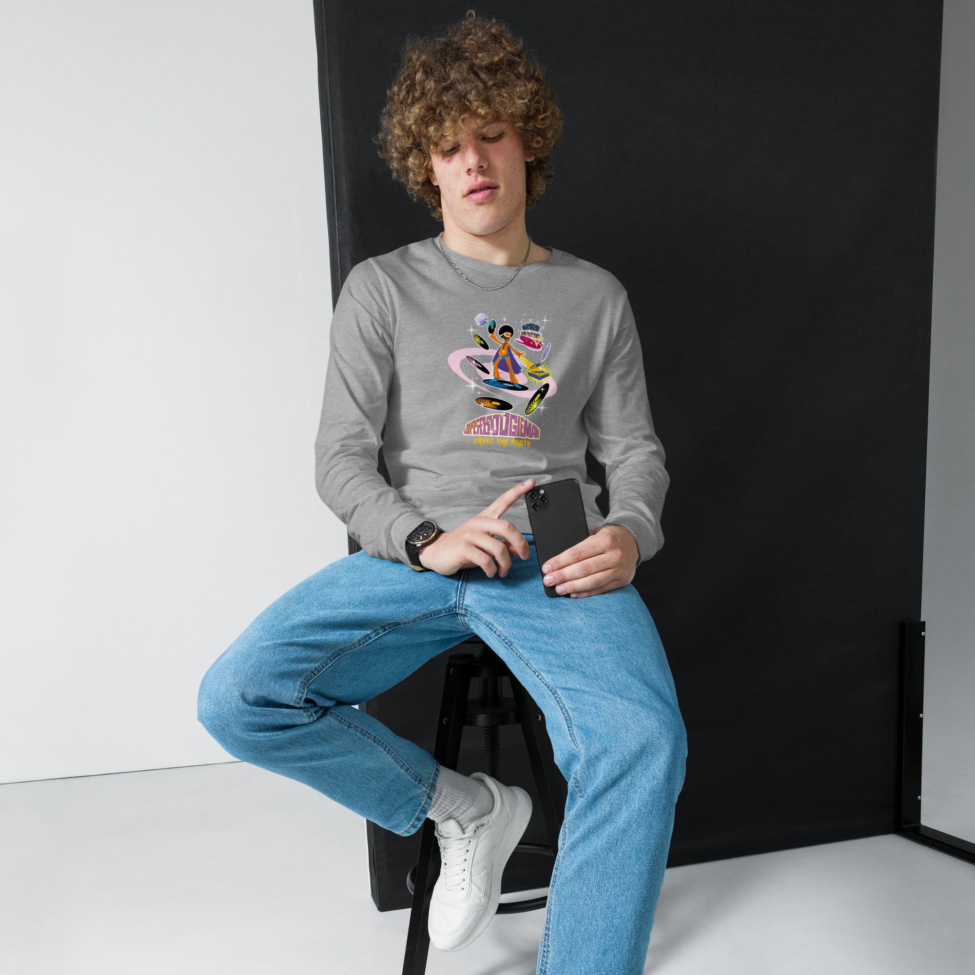 Unisex Long Sleeve Tee Superboogieman Saves the Party (front & back) on heather colors