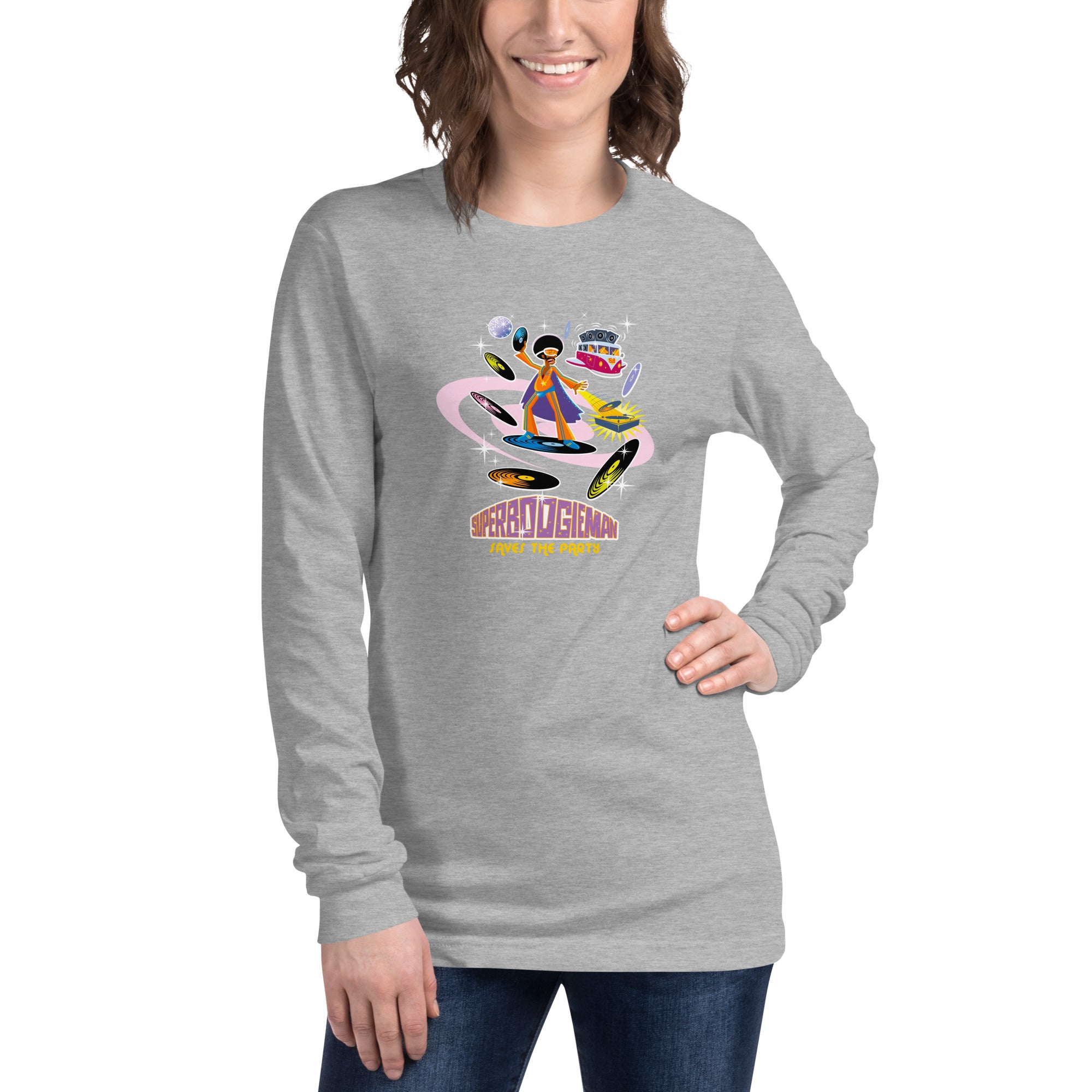 Unisex Long Sleeve Tee Superboogieman Saves the Party (front & back) on heather colors