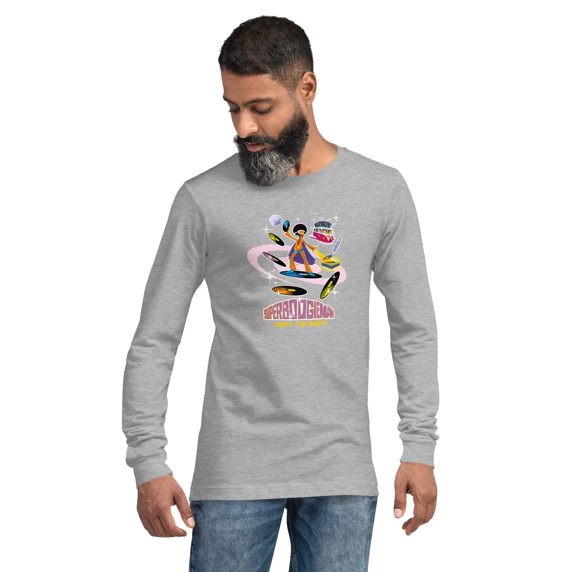 Unisex Long Sleeve Tee Superboogieman Saves the Party (front & back) on heather colors