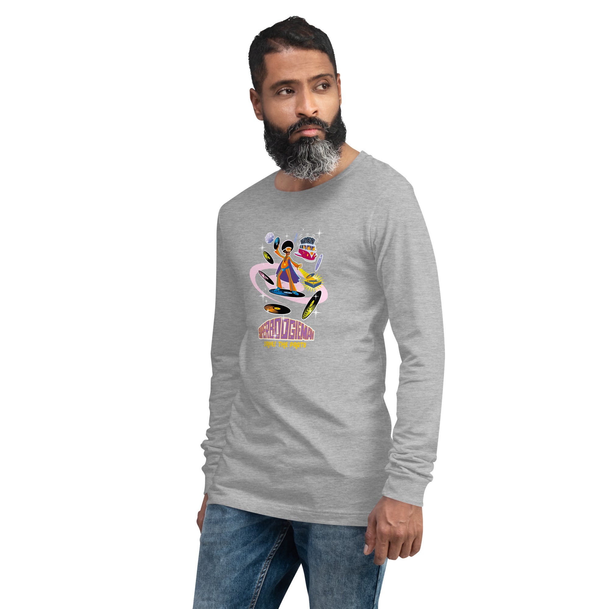 Unisex Long Sleeve Tee Superboogieman Saves the Party (front & back) on heather colors