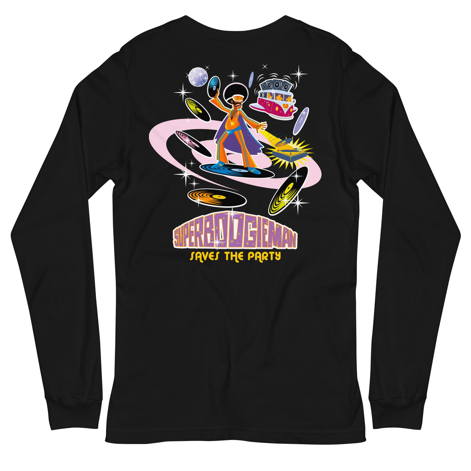 Unisex Long Sleeve Tee Superboogieman Saves the Party (front & back)