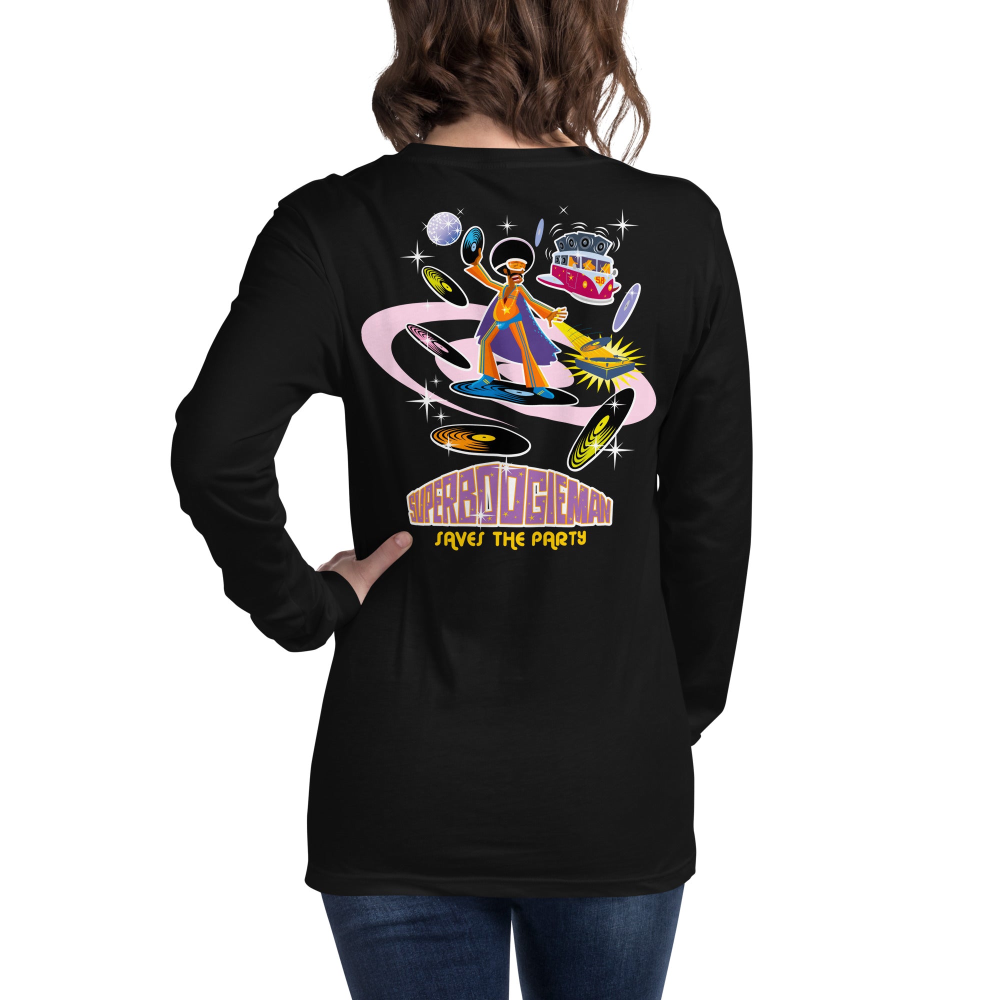 Unisex Long Sleeve Tee Superboogieman Saves the Party (front & back)
