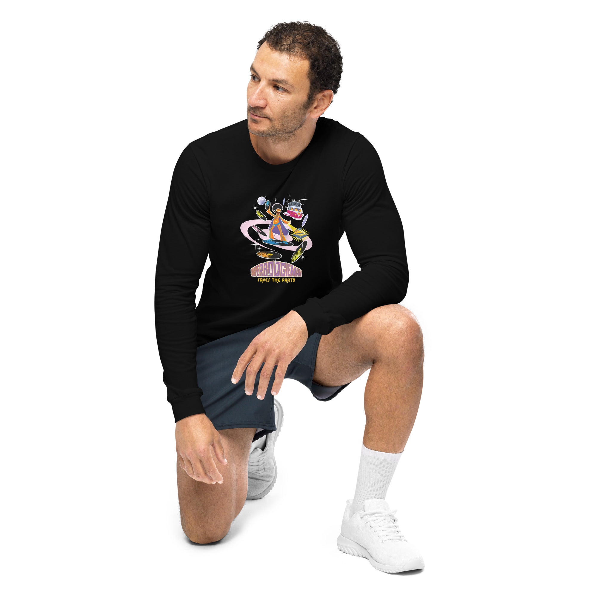 Unisex Long Sleeve Tee Superboogieman Saves the Party (front & back)