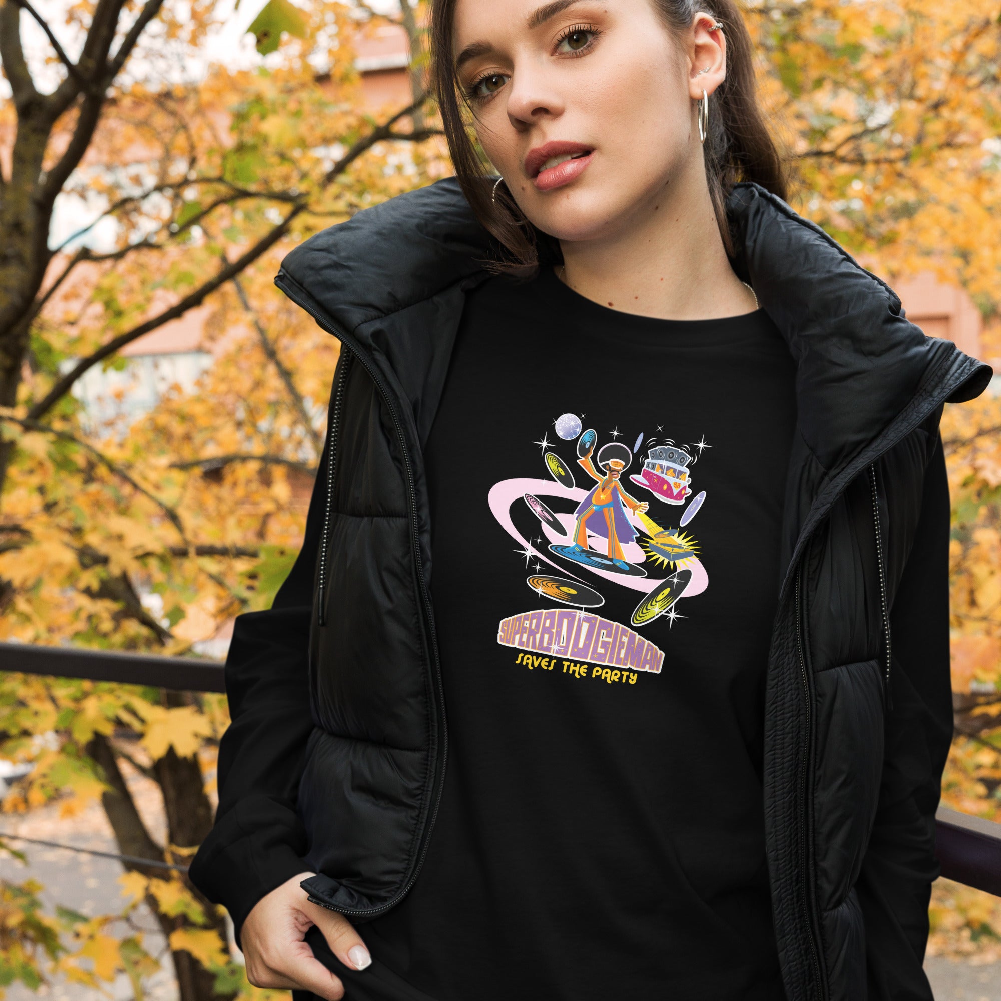 Unisex Long Sleeve Tee Superboogieman Saves the Party (front & back)
