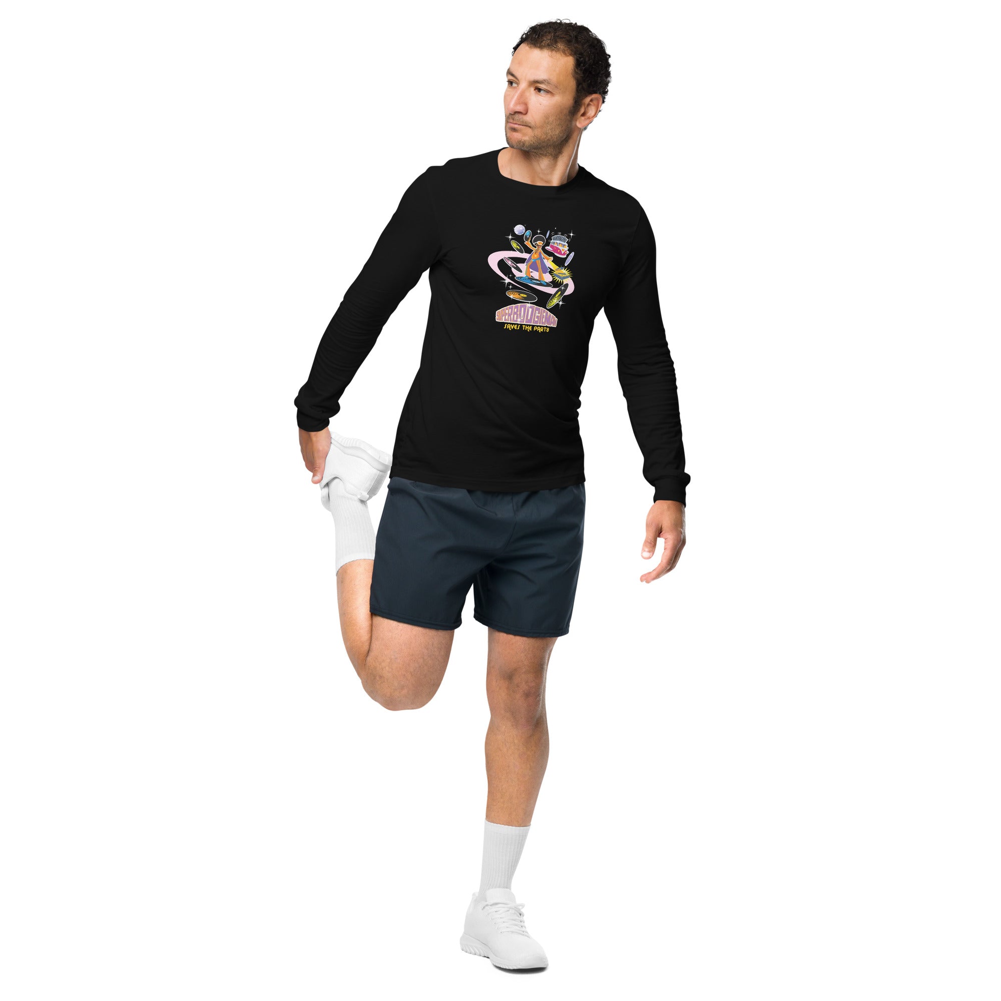 Unisex Long Sleeve Tee Superboogieman Saves the Party (front & back)