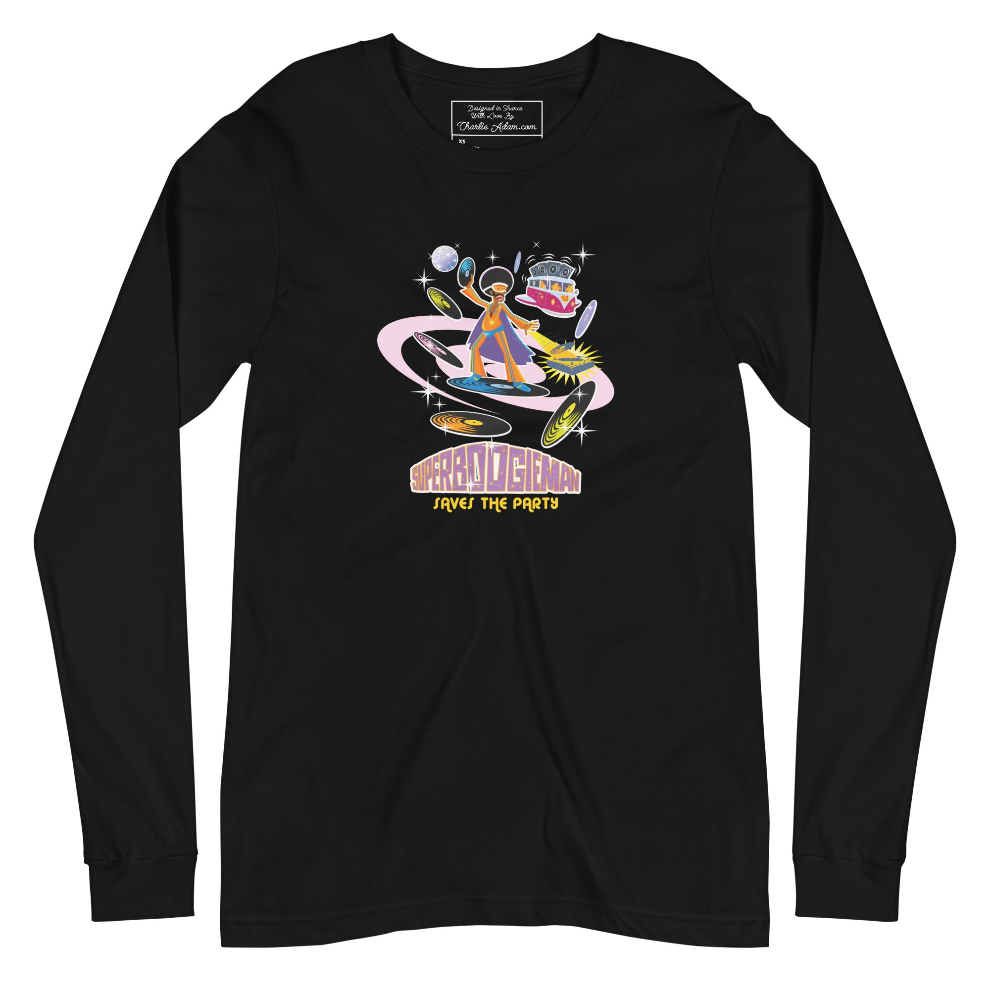 Unisex Long Sleeve Tee Superboogieman Saves the Party (front & back)