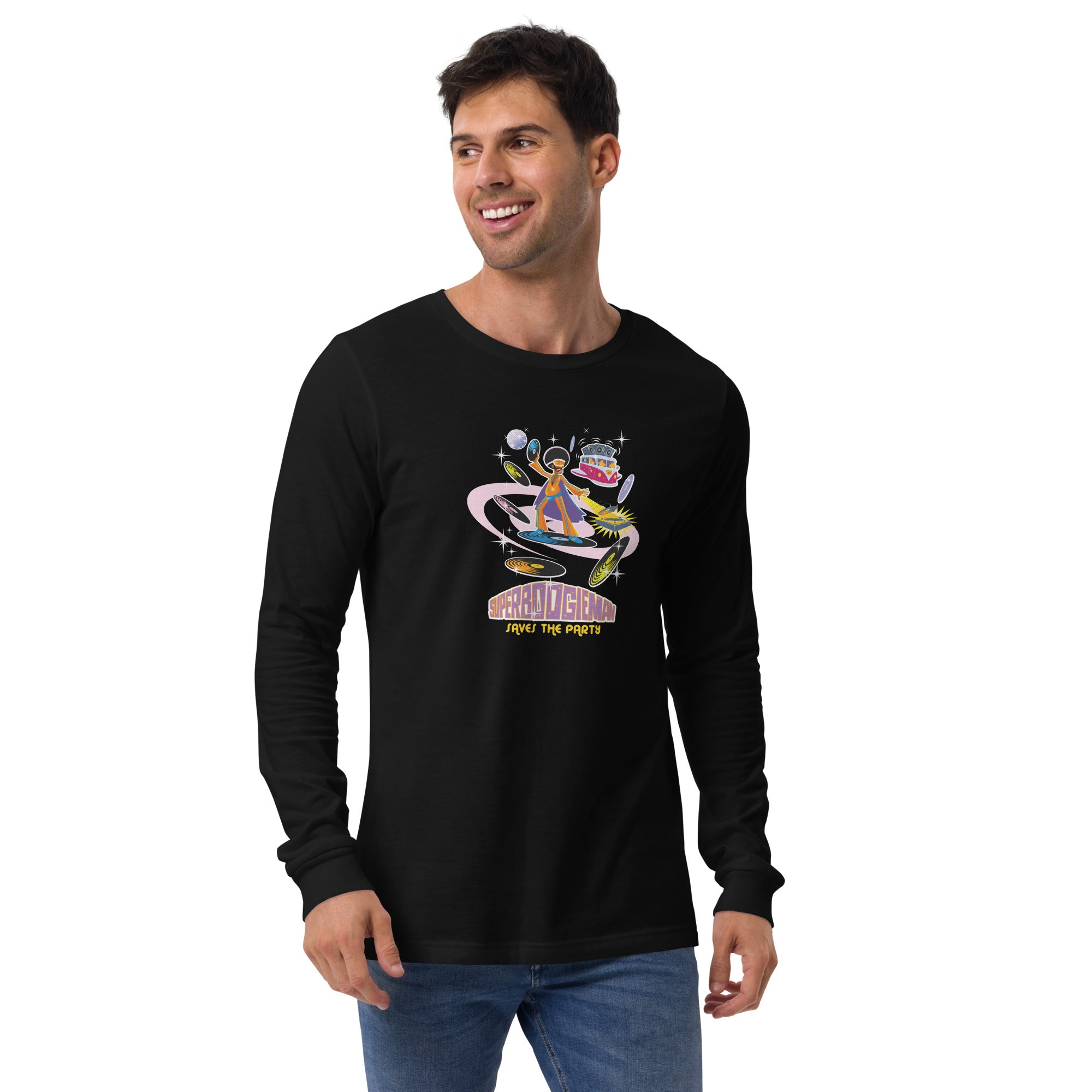 Unisex Long Sleeve Tee Superboogieman Saves the Party (front & back)