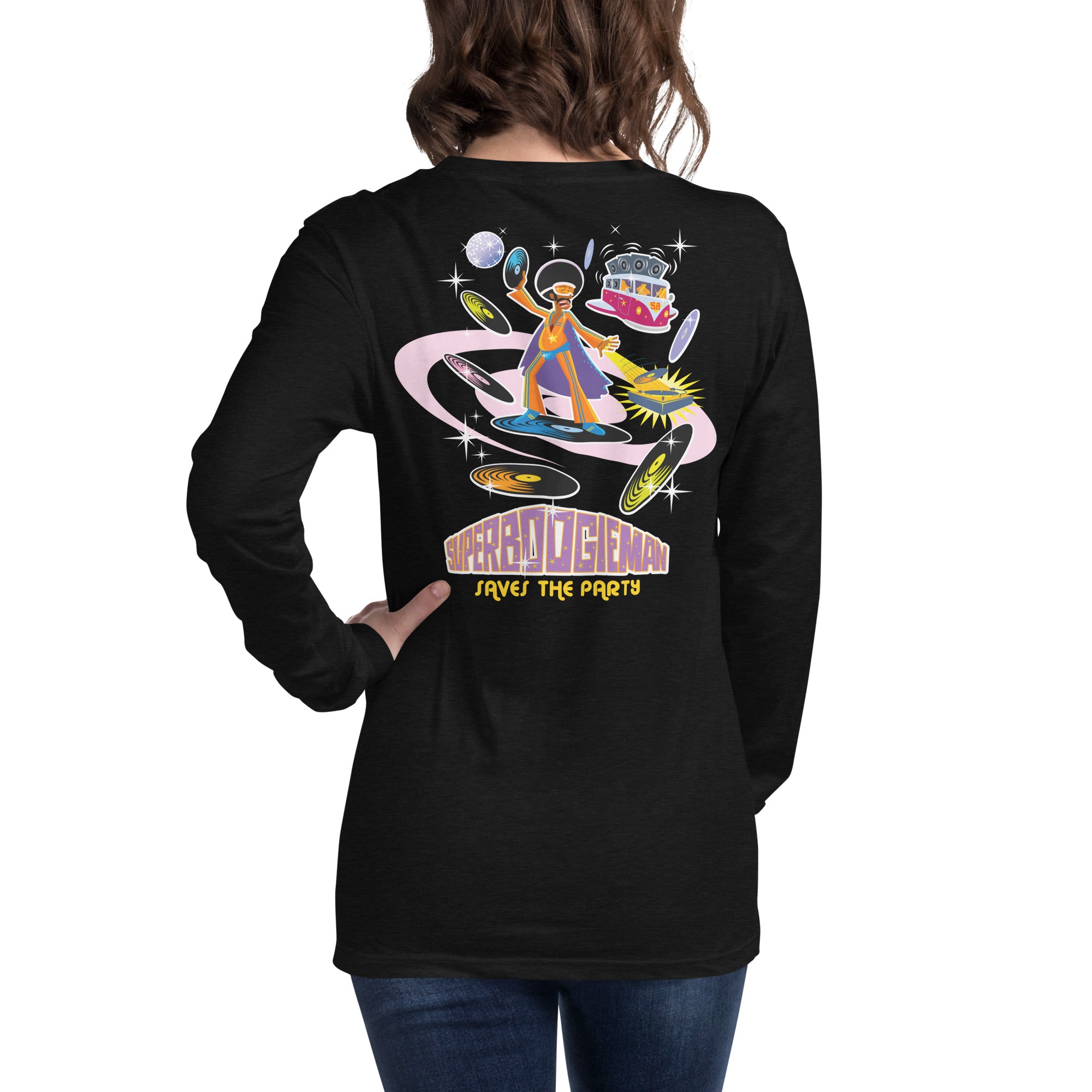 Unisex Long Sleeve Tee Superboogieman Saves the Party (front & back) on heather colors