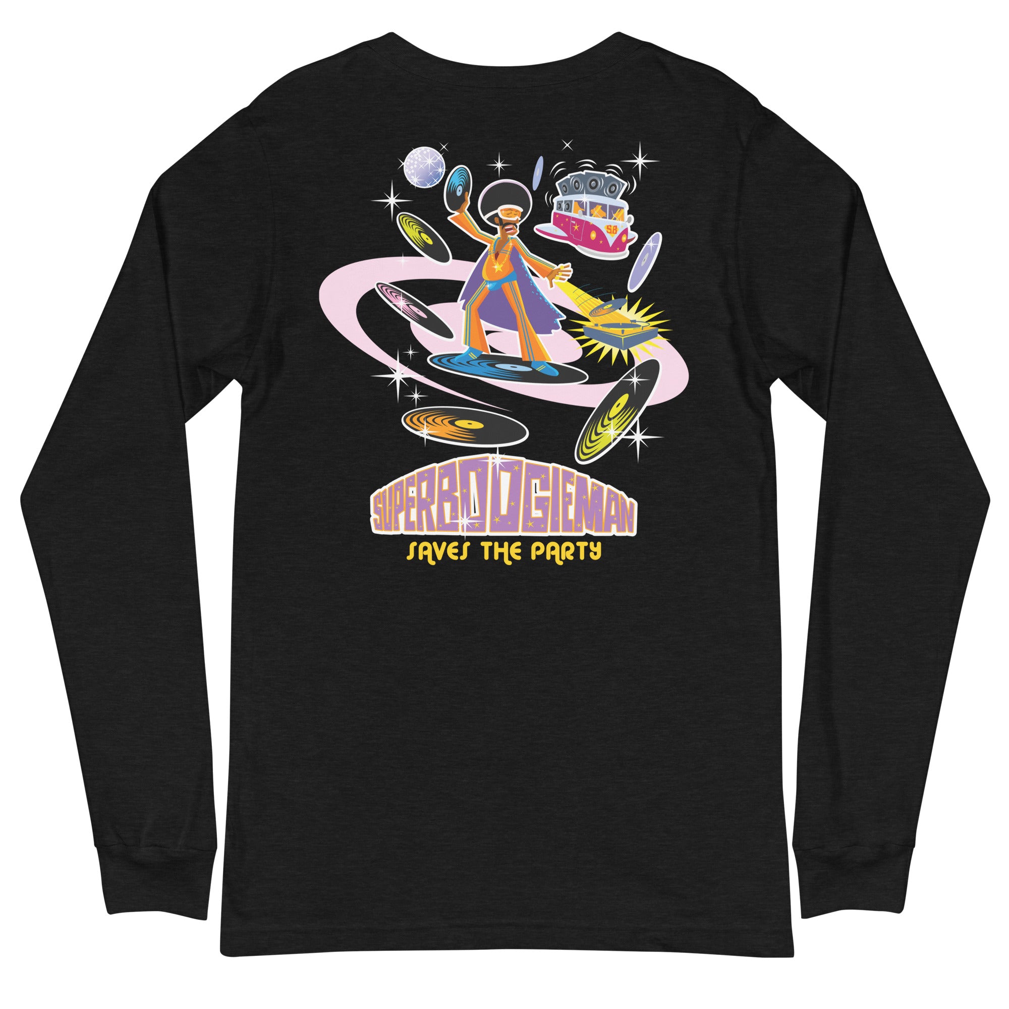 Unisex Long Sleeve Tee Superboogieman Saves the Party (front & back) on heather colors