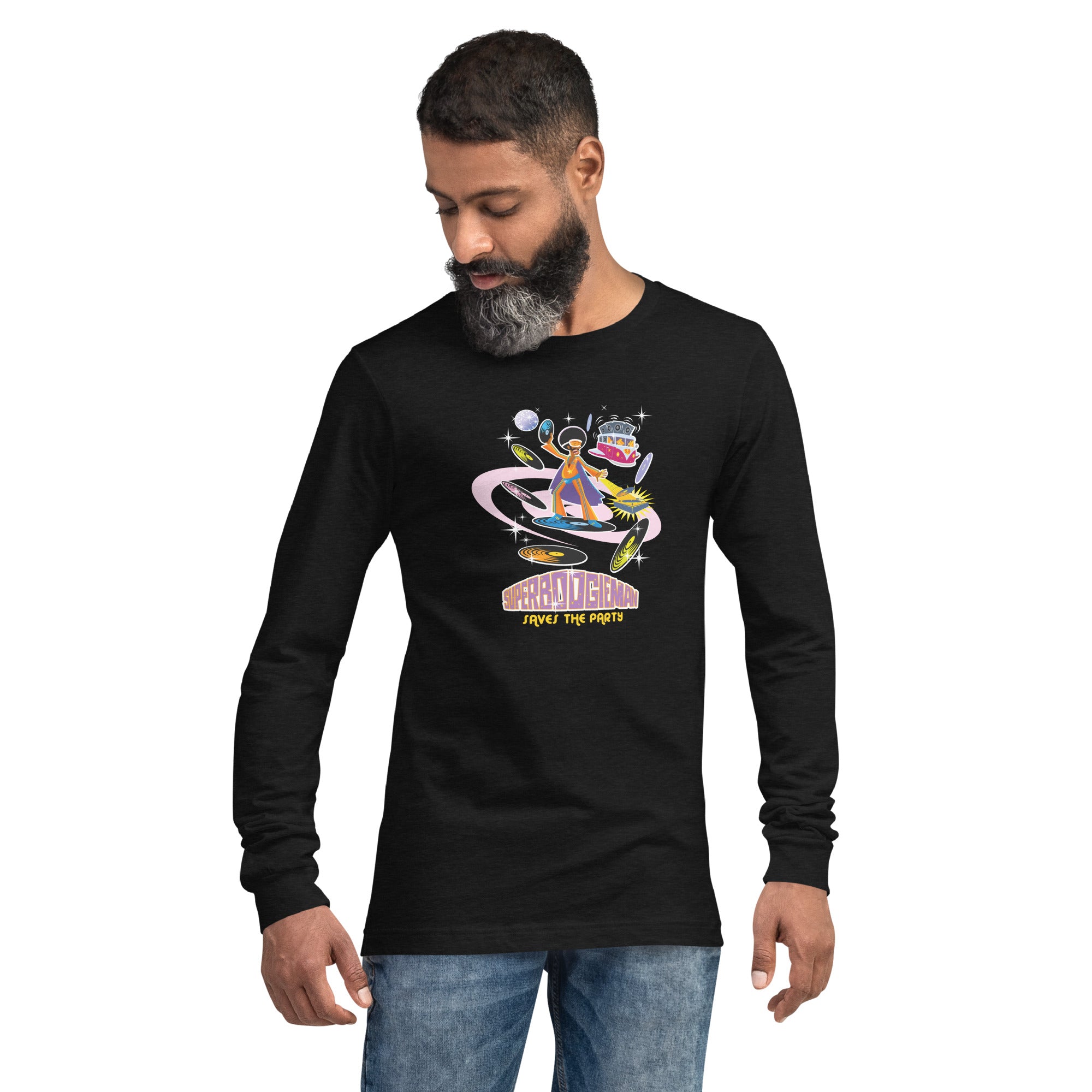 Unisex Long Sleeve Tee Superboogieman Saves the Party (front & back) on heather colors