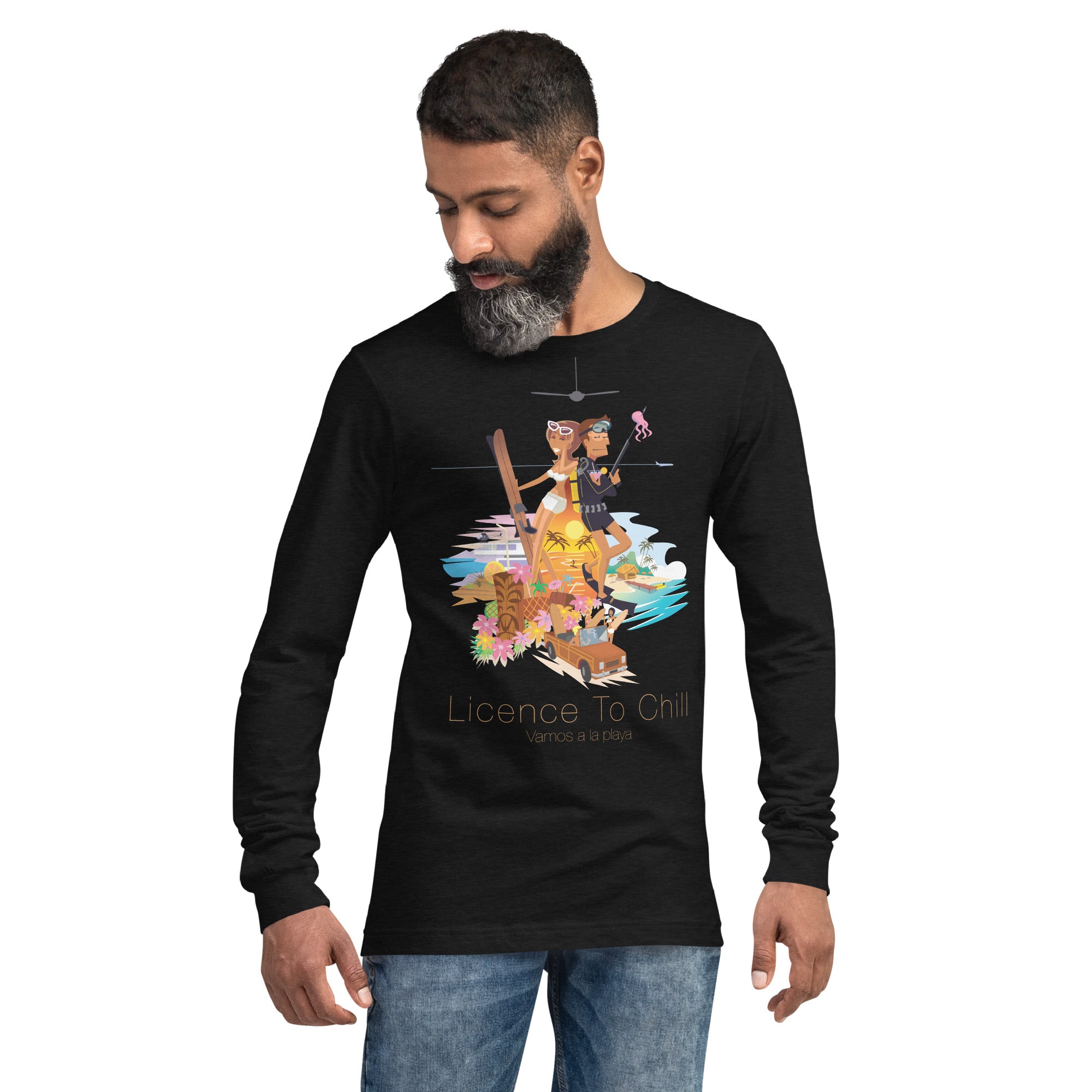 Unisex Long Sleeve Tee License to Chill Vamos a la Playa on heather colors