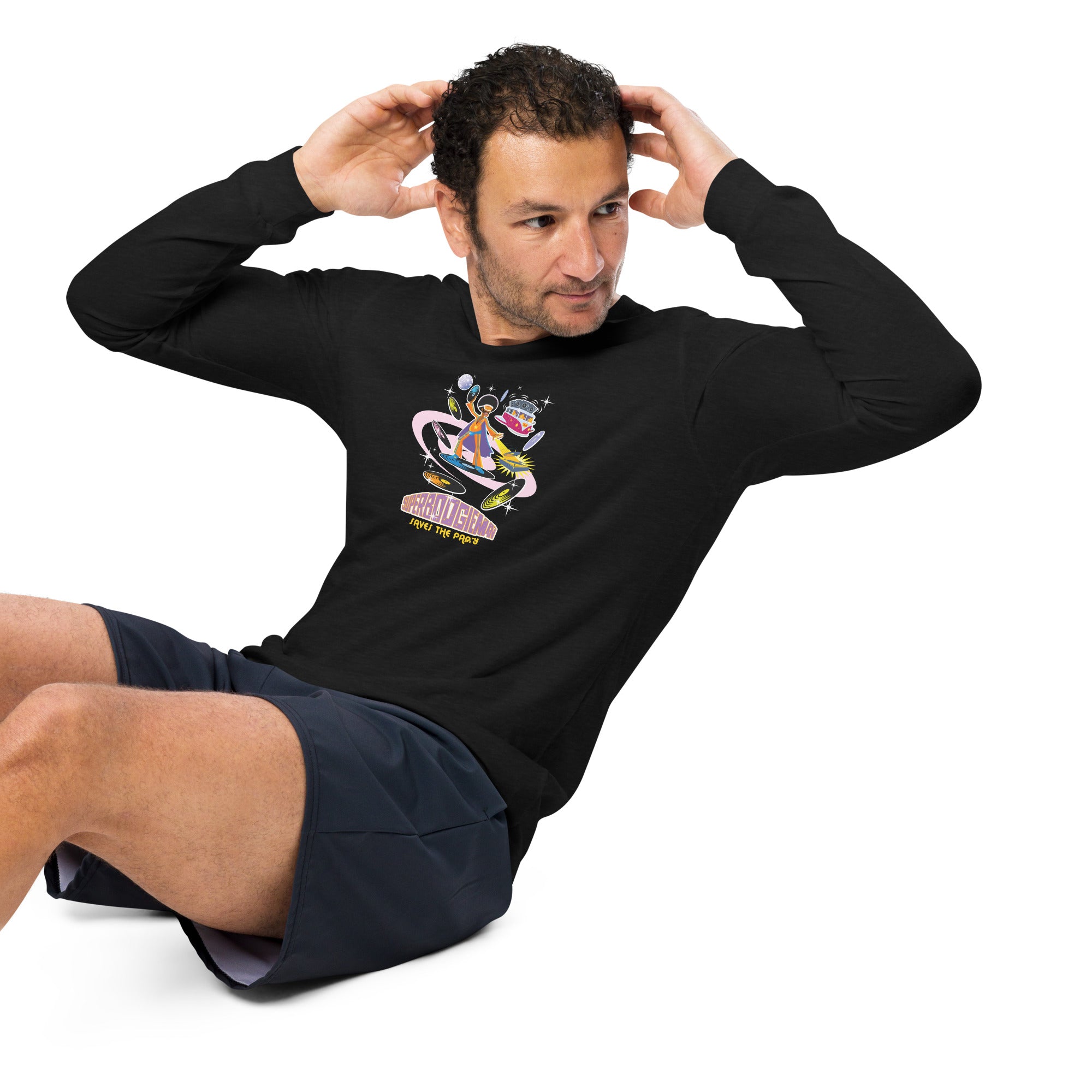Unisex Long Sleeve Tee Superboogieman Saves the Party (front & back) on heather colors