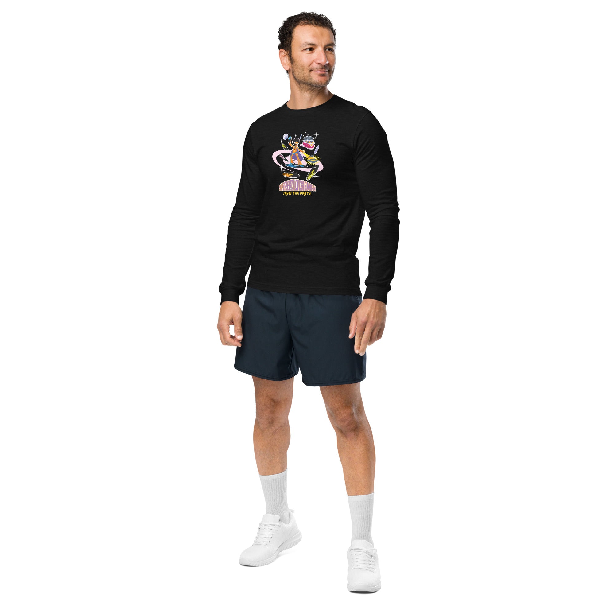 Unisex Long Sleeve Tee Superboogieman Saves the Party (front & back) on heather colors