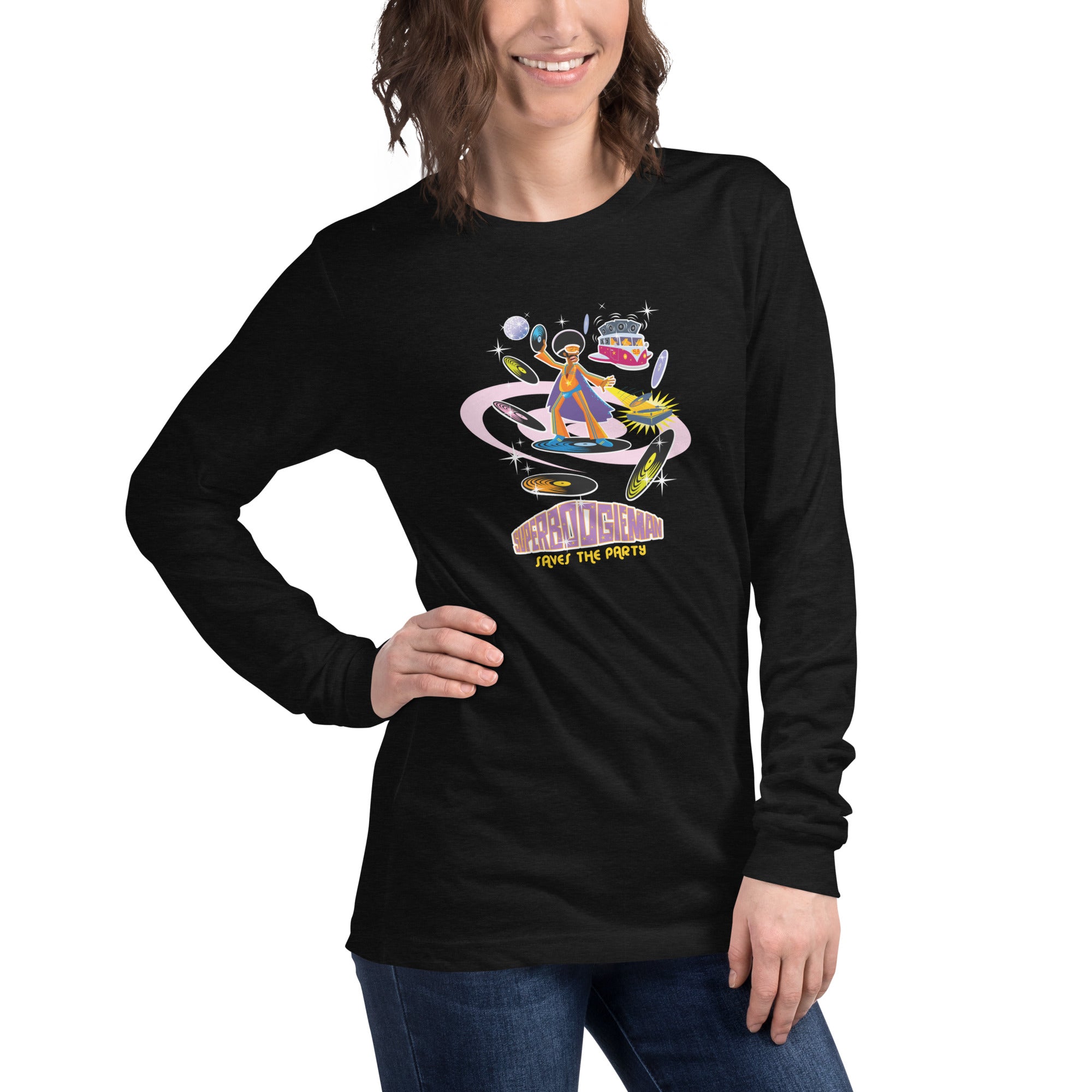 Unisex Long Sleeve Tee Superboogieman Saves the Party (front & back) on heather colors