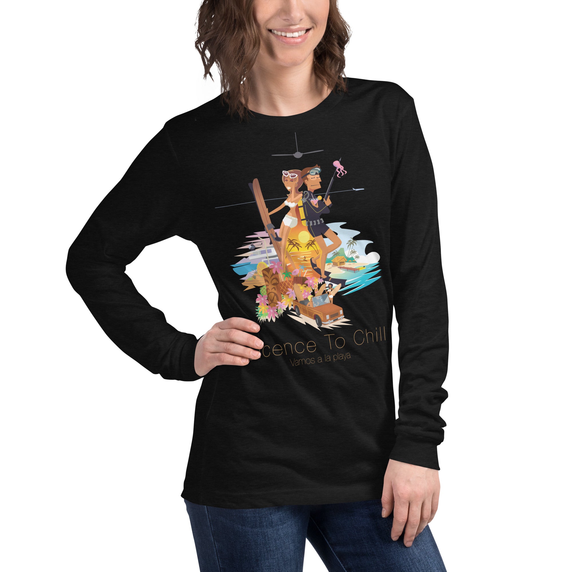 Unisex Long Sleeve Tee License to Chill Vamos a la Playa on heather colors