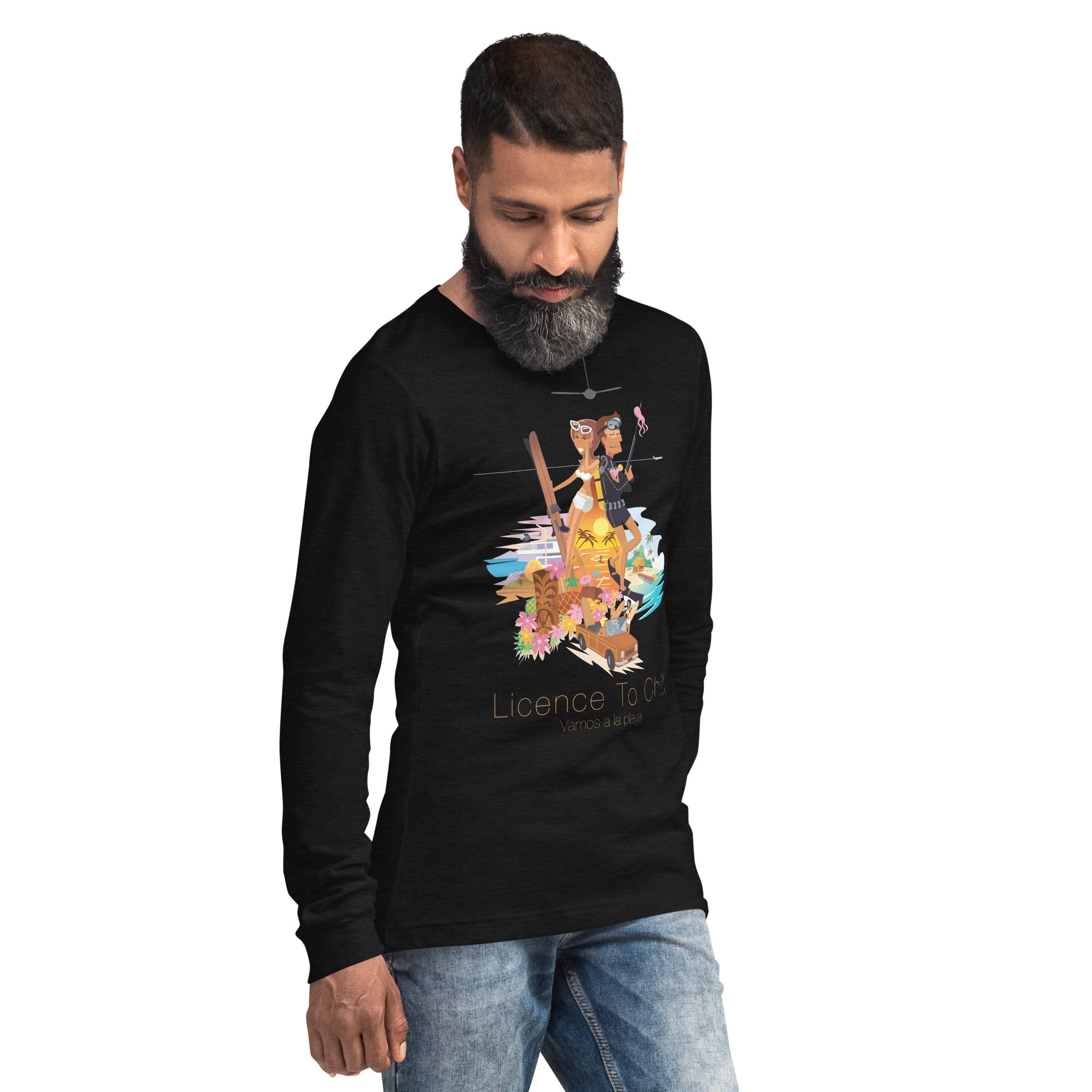 Unisex Long Sleeve Tee License to Chill Vamos a la Playa on heather colors