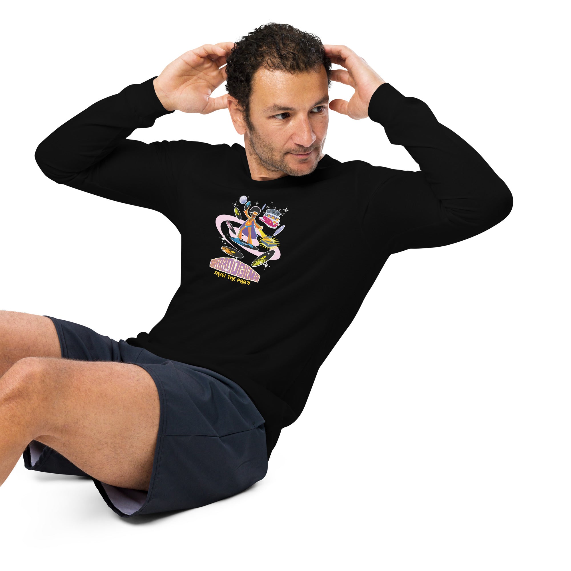 Unisex Long Sleeve Tee Superboogieman Saves the Party (front & back)