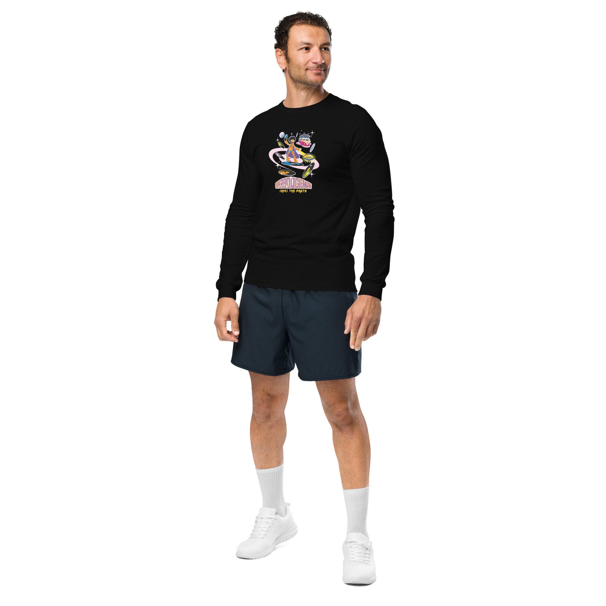 Unisex Long Sleeve Tee Superboogieman Saves the Party (front & back)