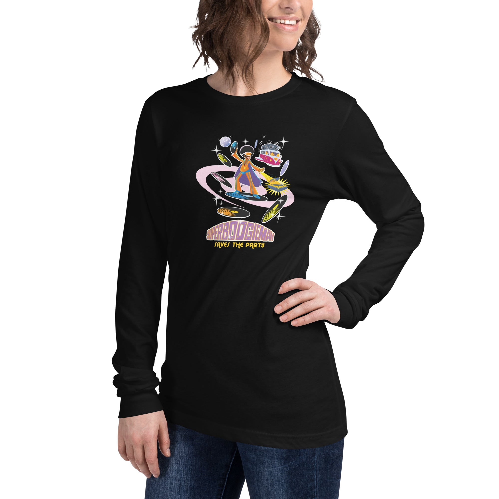 Unisex Long Sleeve Tee Superboogieman Saves the Party (front & back)