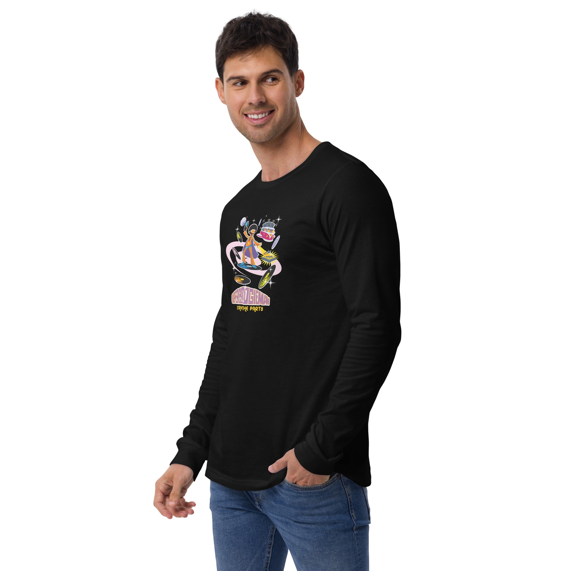Unisex Long Sleeve Tee Superboogieman Saves the Party (front & back)