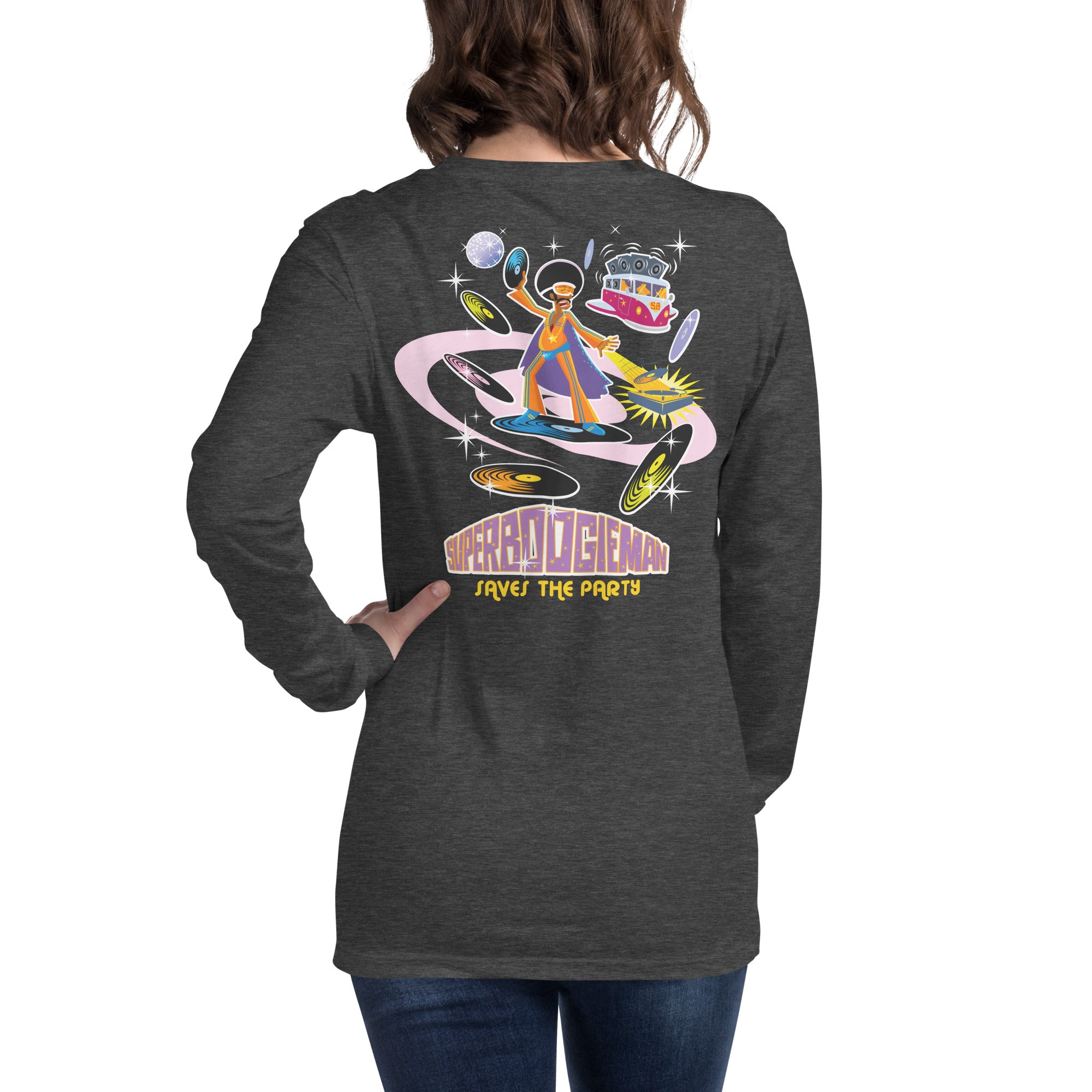 Unisex Long Sleeve Tee Superboogieman Saves the Party (front & back) on heather colors