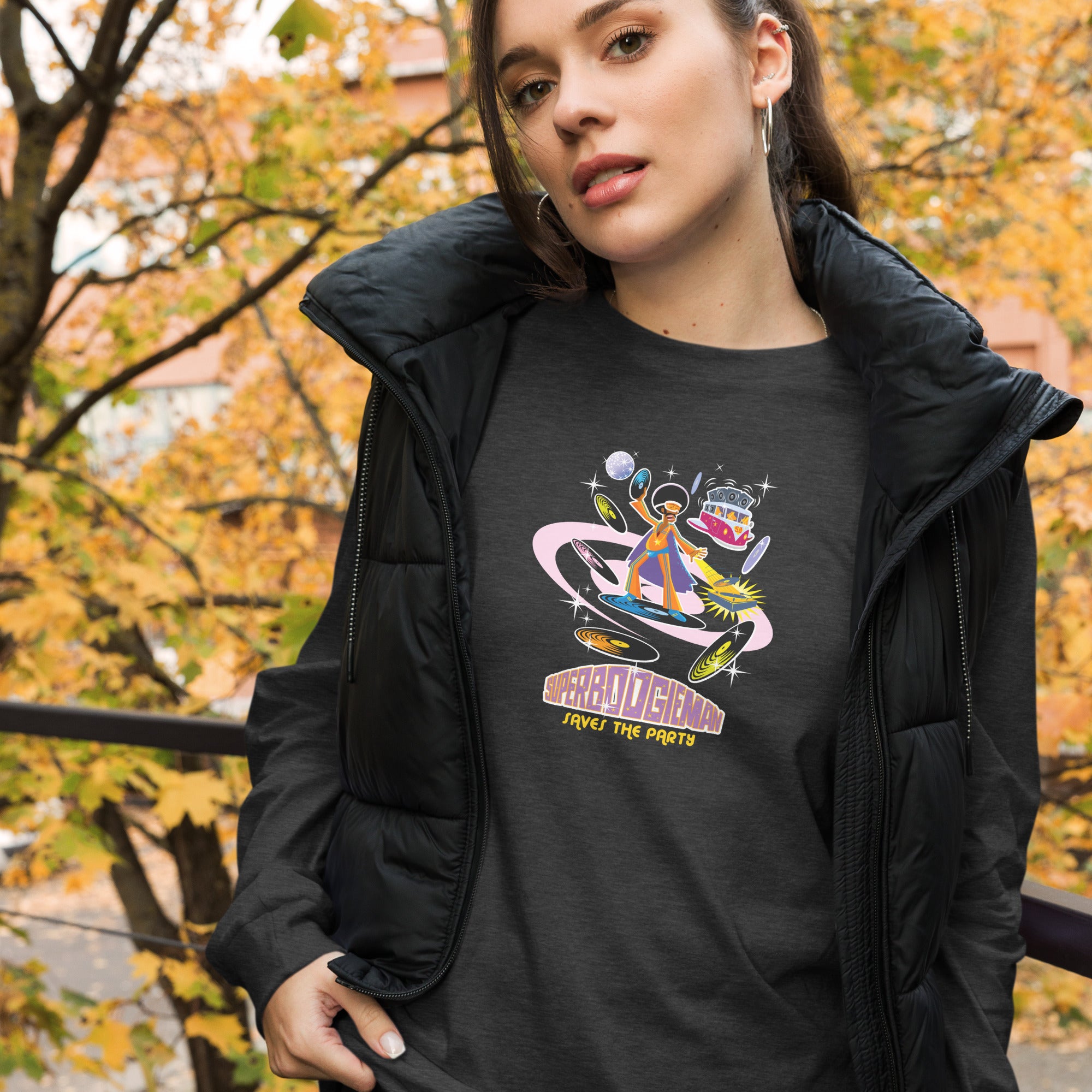 Unisex Long Sleeve Tee Superboogieman Saves the Party (front & back) on heather colors