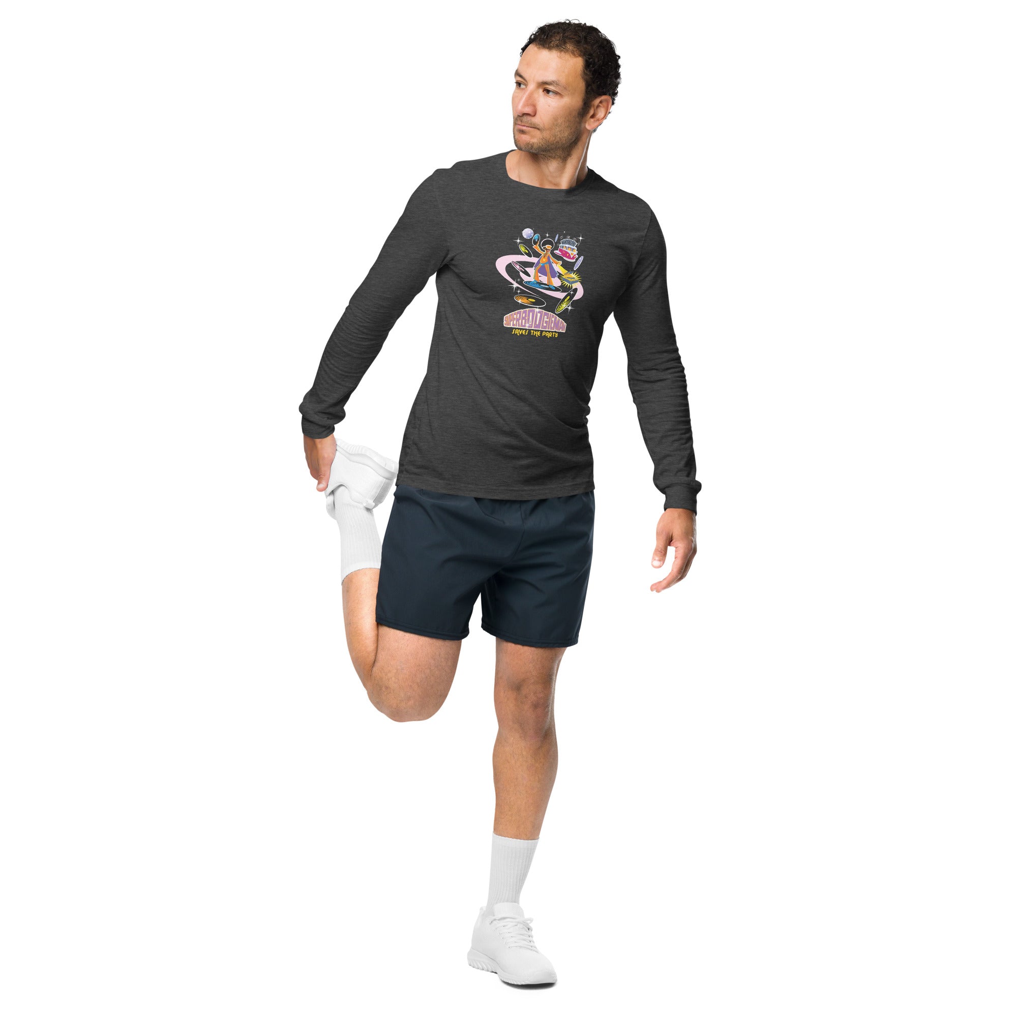 Unisex Long Sleeve Tee Superboogieman Saves the Party (front & back) on heather colors