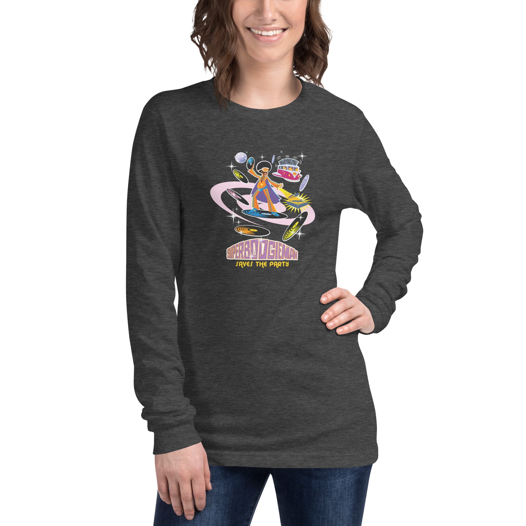 Unisex Long Sleeve Tee Superboogieman Saves the Party (front & back) on heather colors