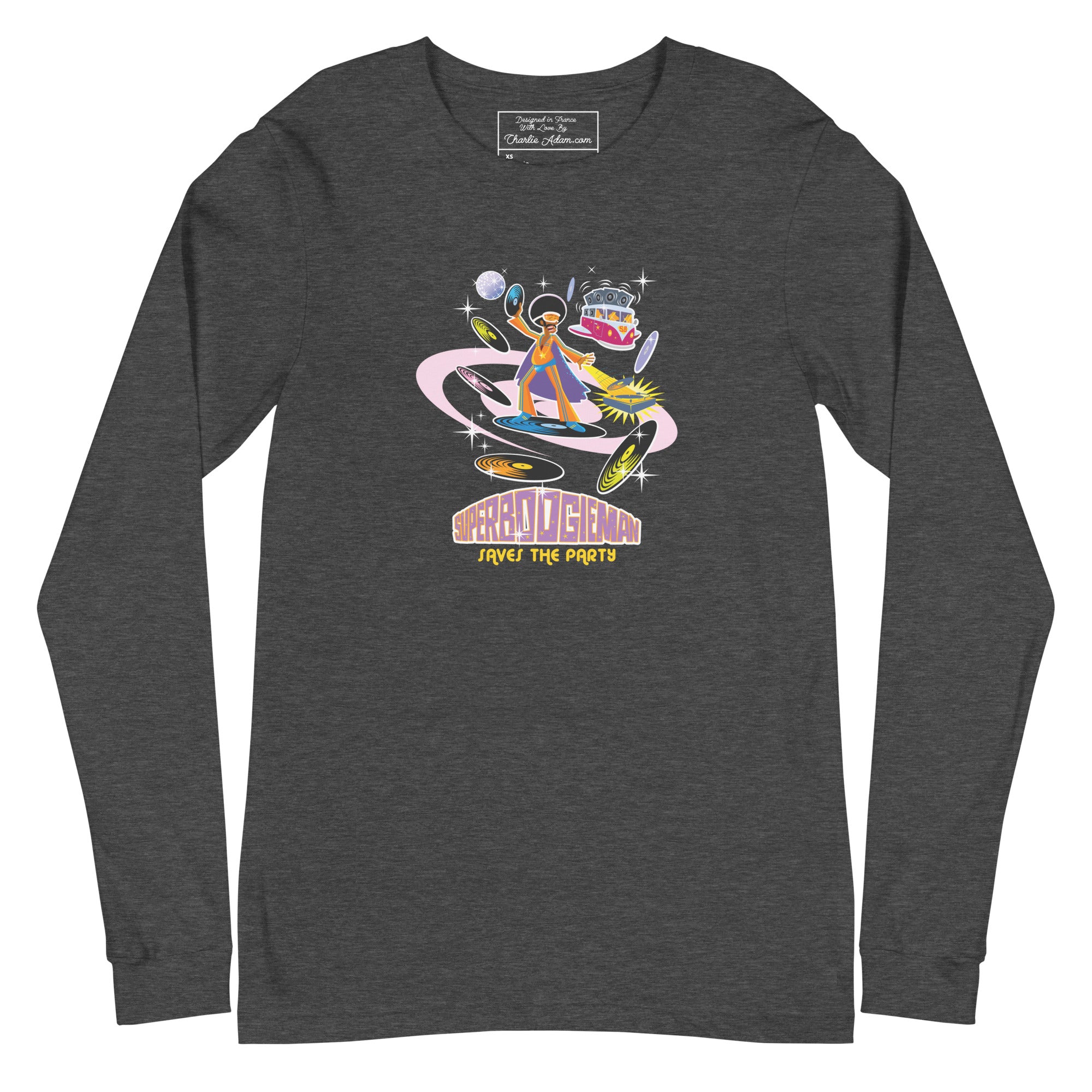 Unisex Long Sleeve Tee Superboogieman Saves the Party (front & back) on heather colors