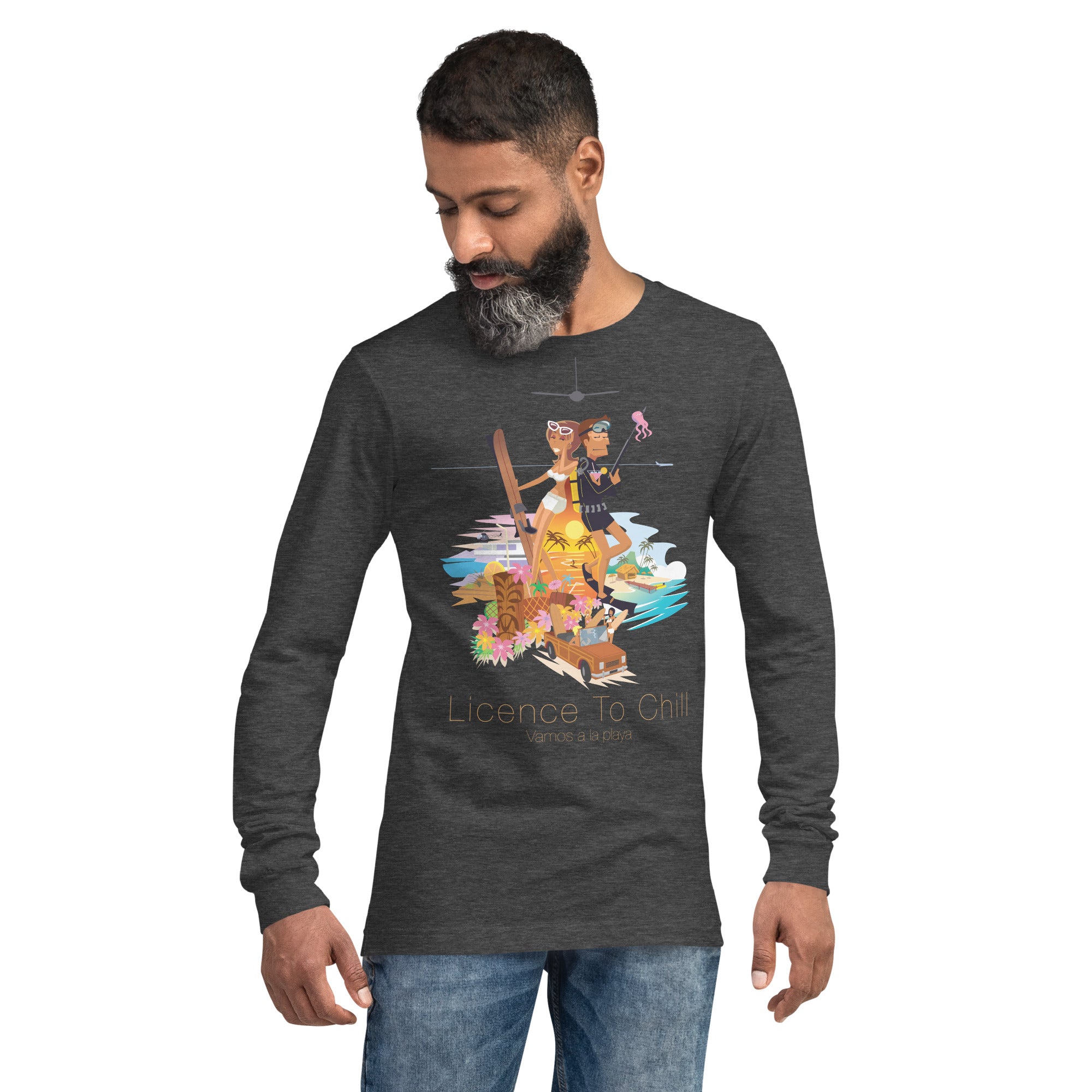 Unisex Long Sleeve Tee License to Chill Vamos a la Playa on heather colors