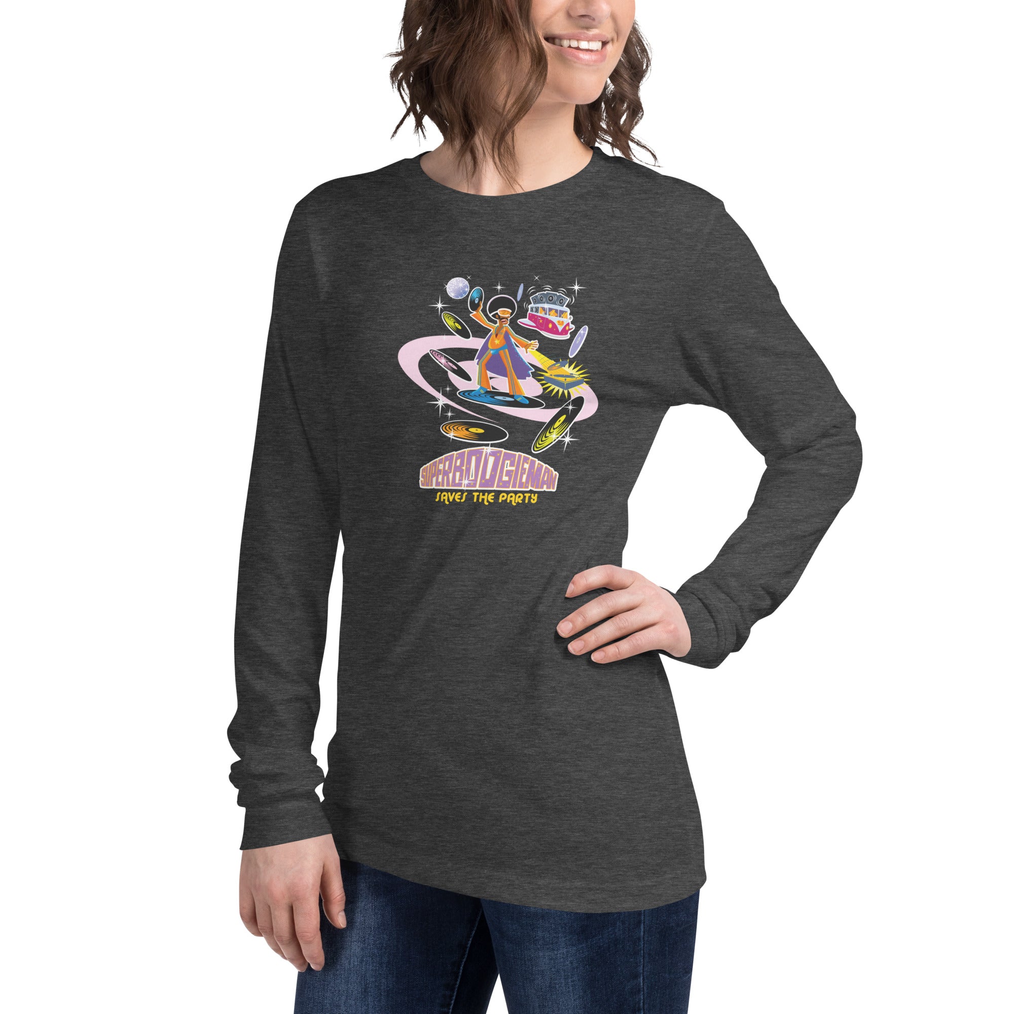 Unisex Long Sleeve Tee Superboogieman Saves the Party (front & back) on heather colors