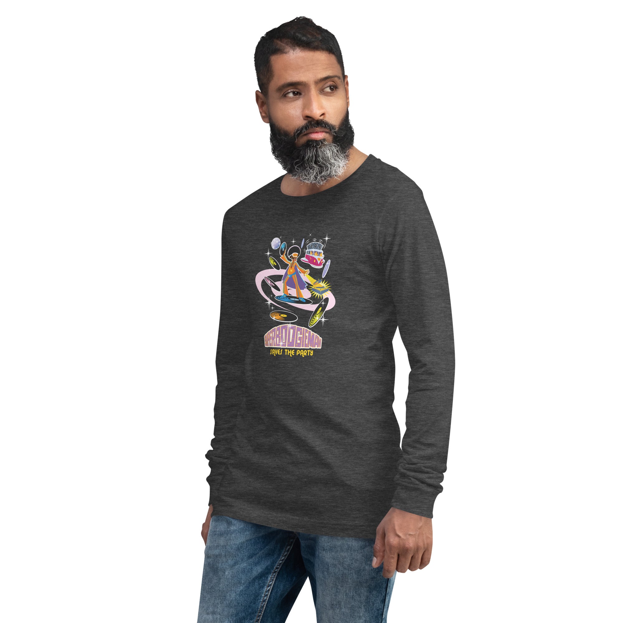 Unisex Long Sleeve Tee Superboogieman Saves the Party (front & back) on heather colors