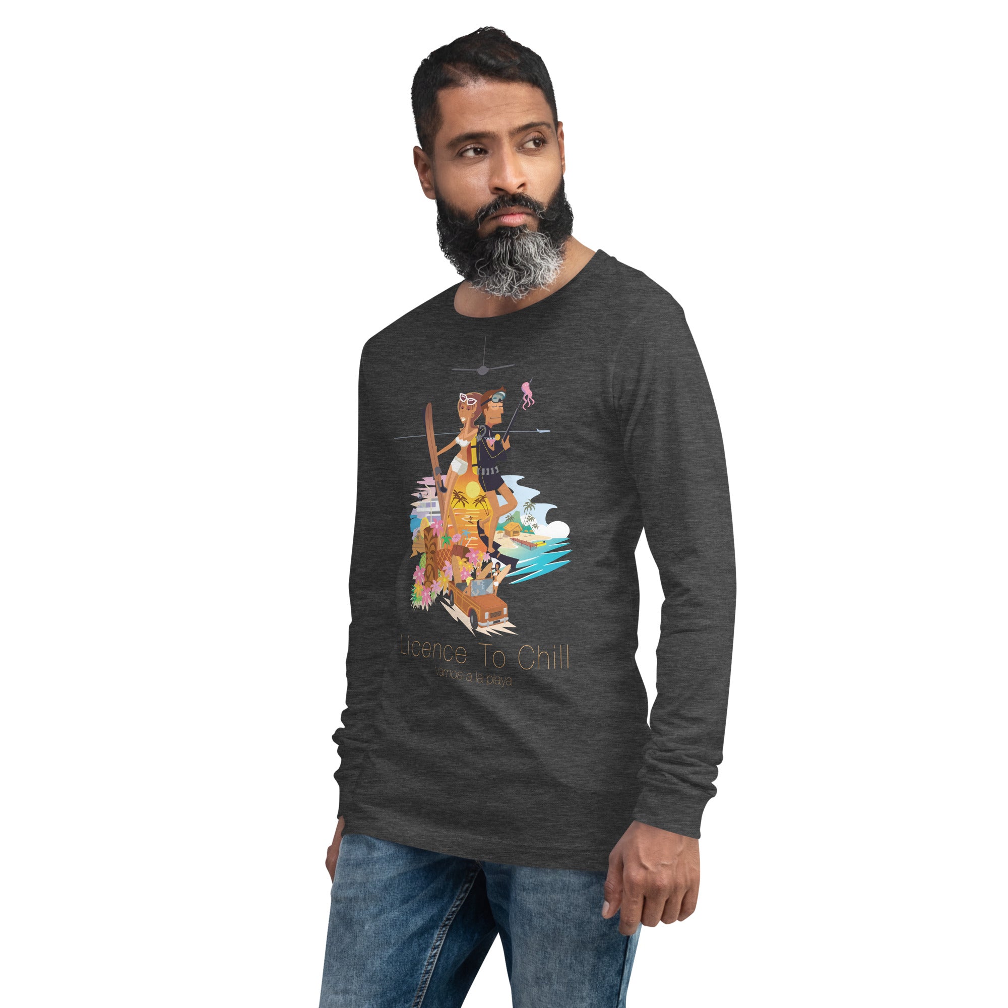 Unisex Long Sleeve Tee License to Chill Vamos a la Playa on heather colors