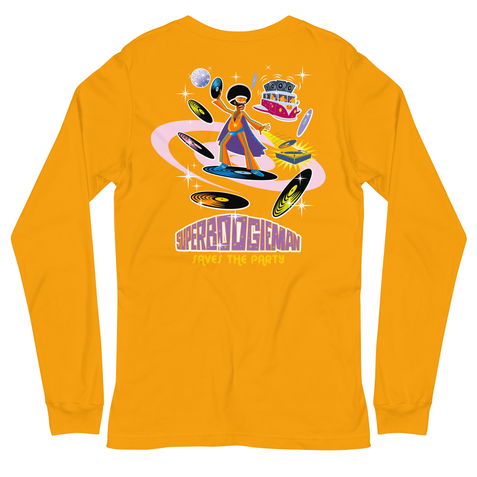 Unisex Long Sleeve Tee Superboogieman Saves the Party (front & back)
