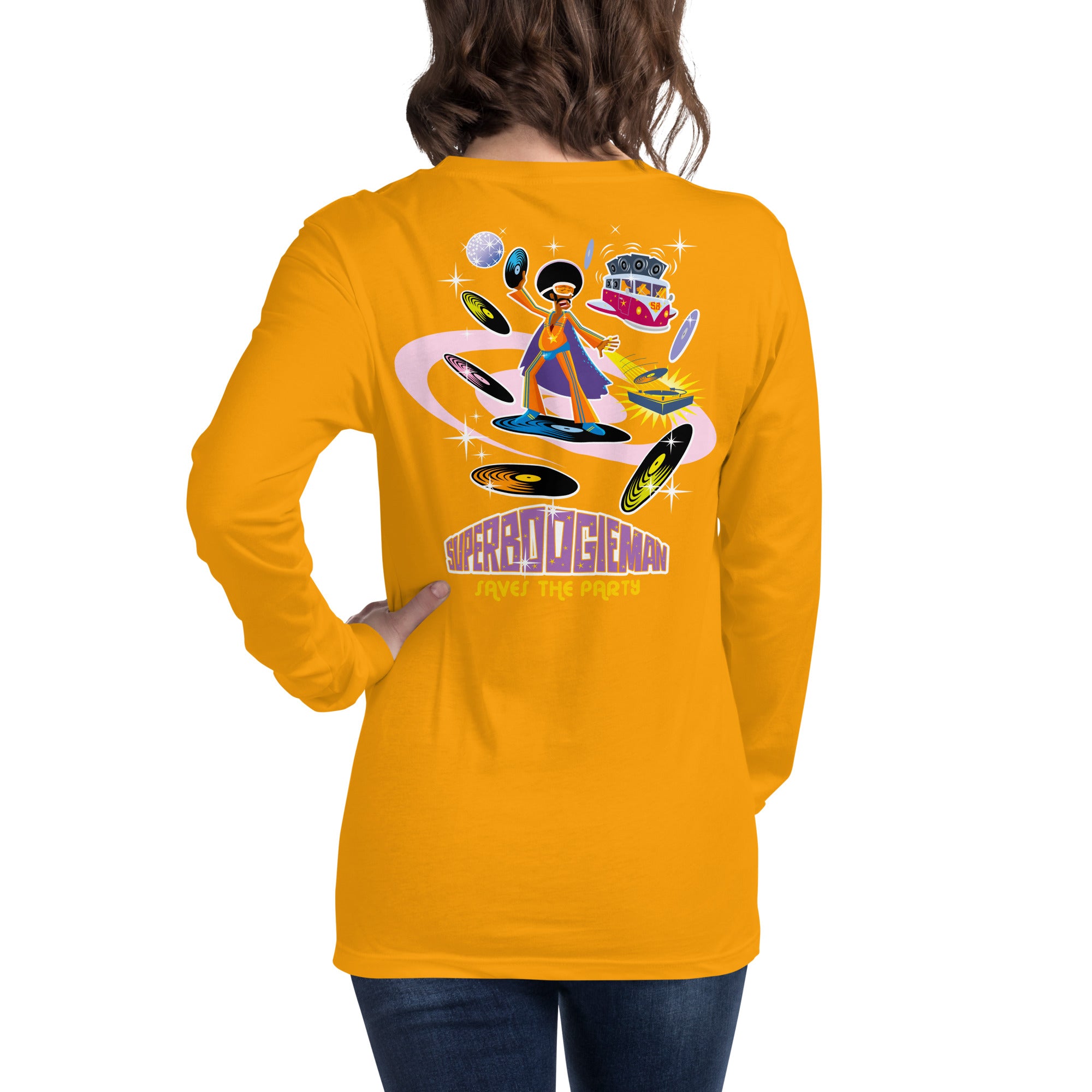 Unisex Long Sleeve Tee Superboogieman Saves the Party (front & back)