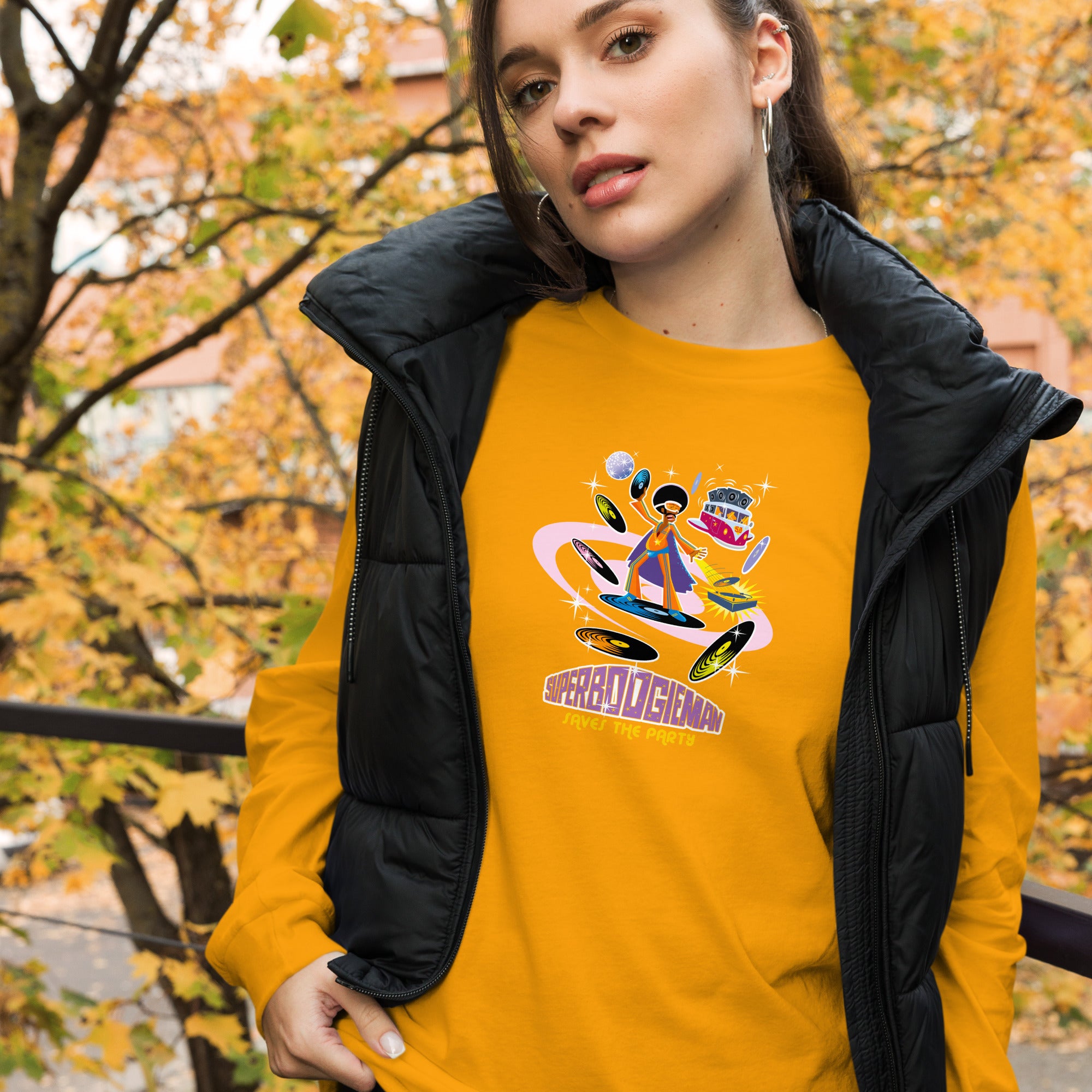 Unisex Long Sleeve Tee Superboogieman Saves the Party (front & back)