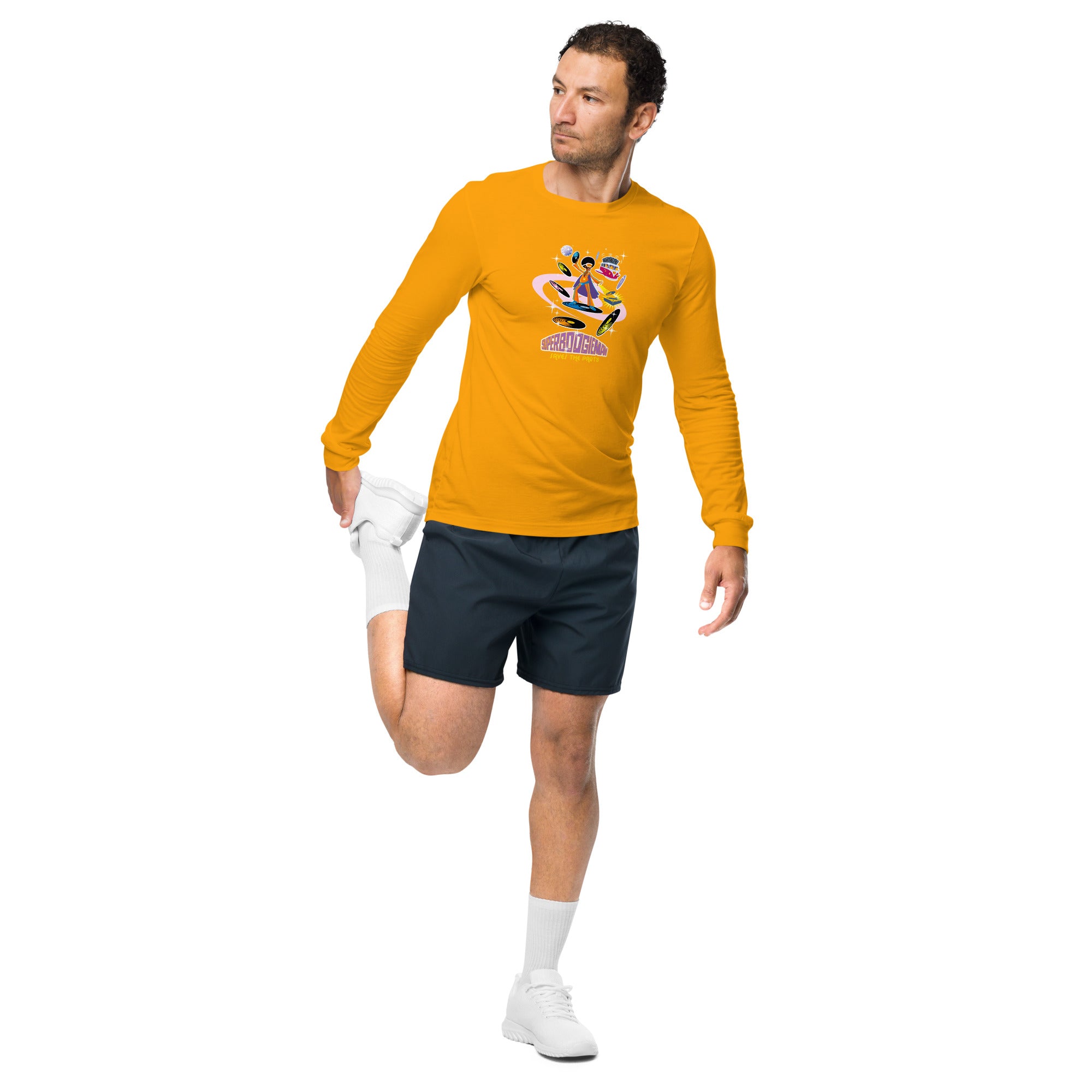 Unisex Long Sleeve Tee Superboogieman Saves the Party (front & back)