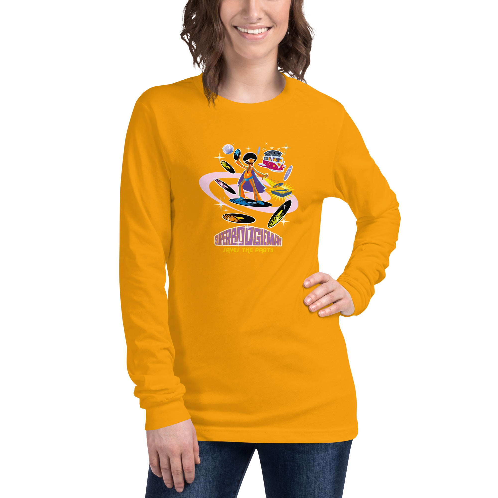 Unisex Long Sleeve Tee Superboogieman Saves the Party (front & back)