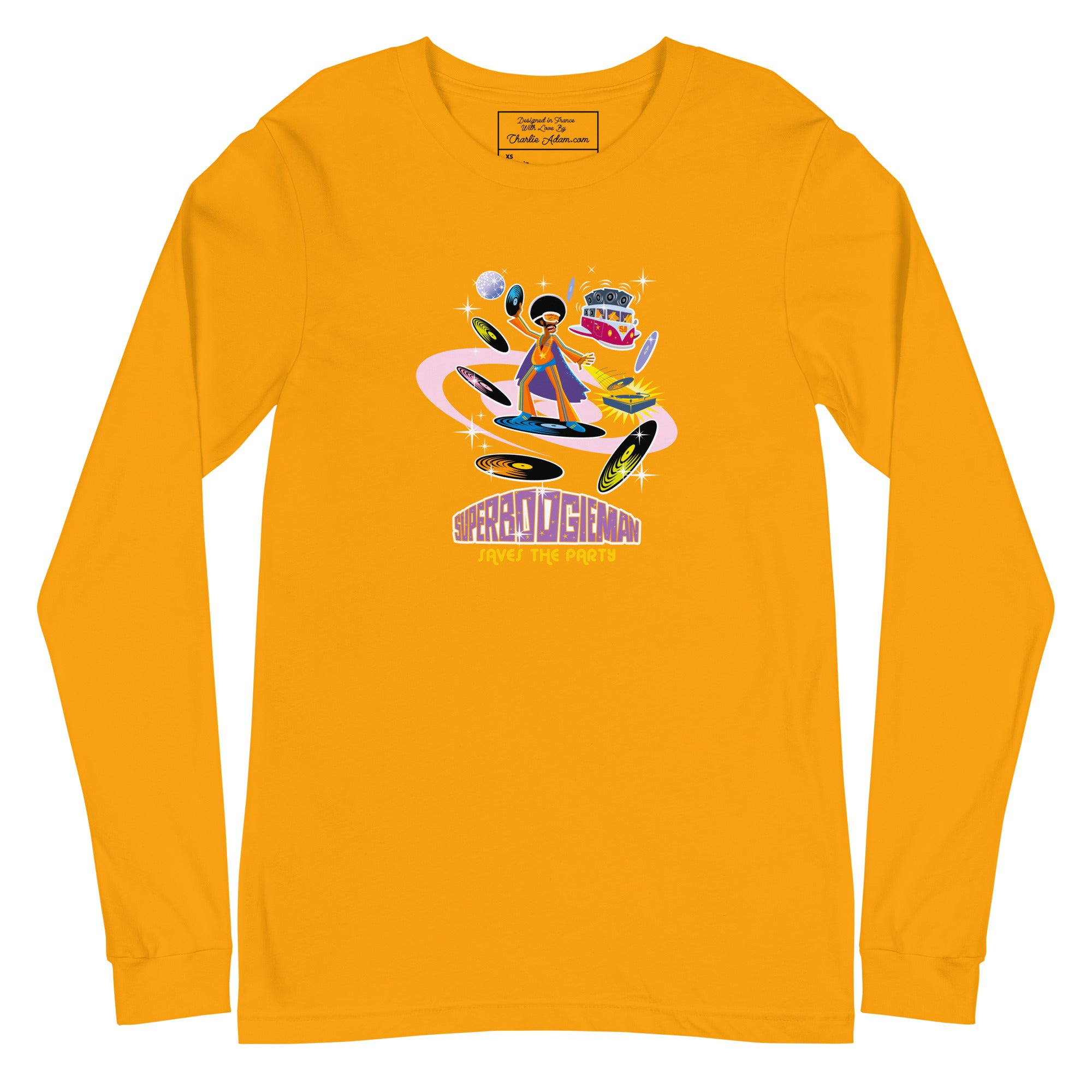 Unisex Long Sleeve Tee Superboogieman Saves the Party (front & back)