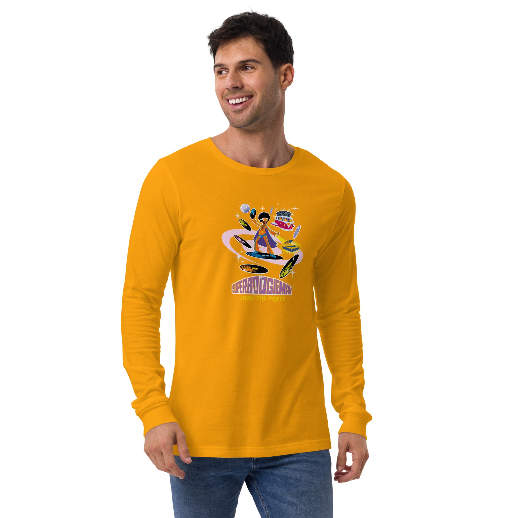 Unisex Long Sleeve Tee Superboogieman Saves the Party (front & back)