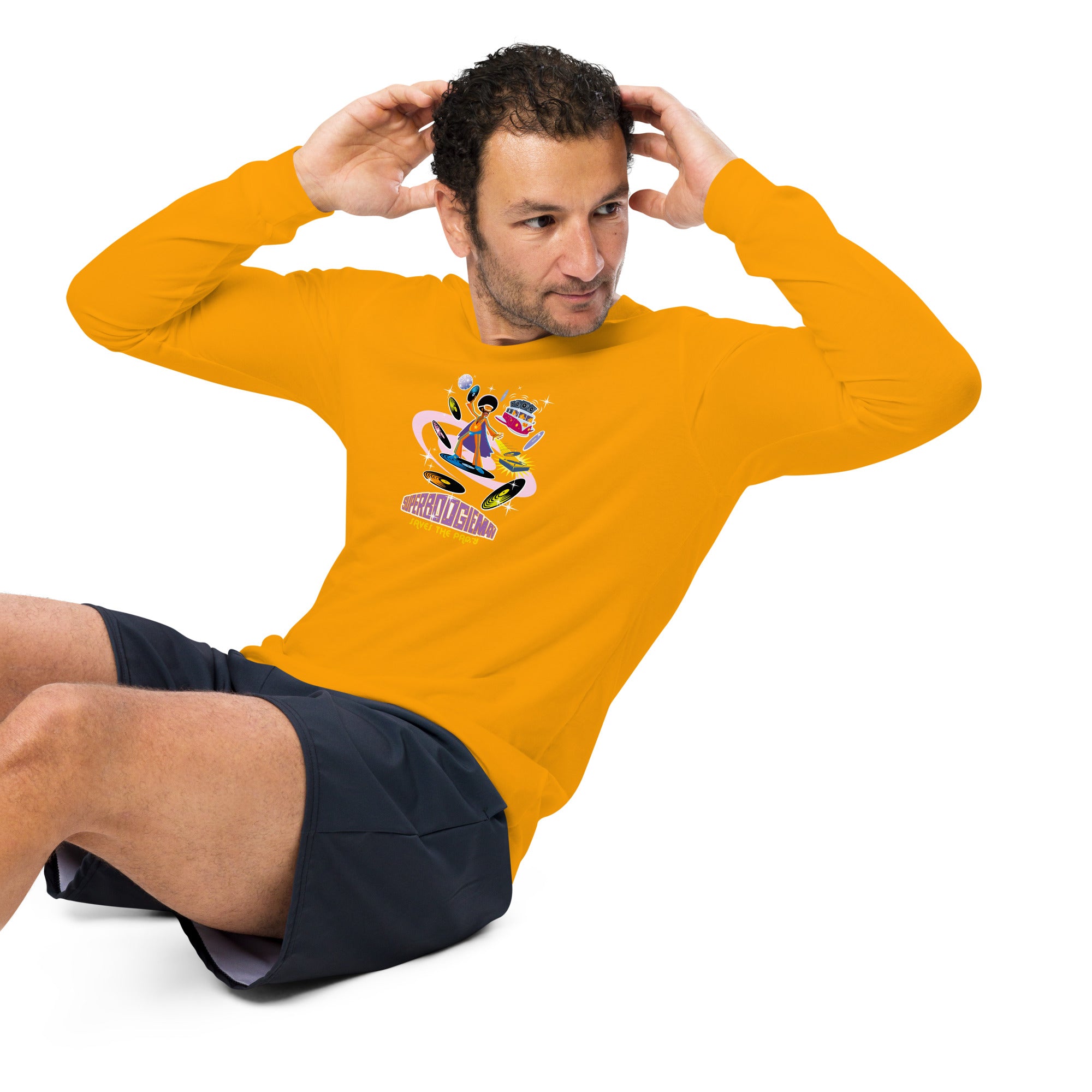 Unisex Long Sleeve Tee Superboogieman Saves the Party (front & back)