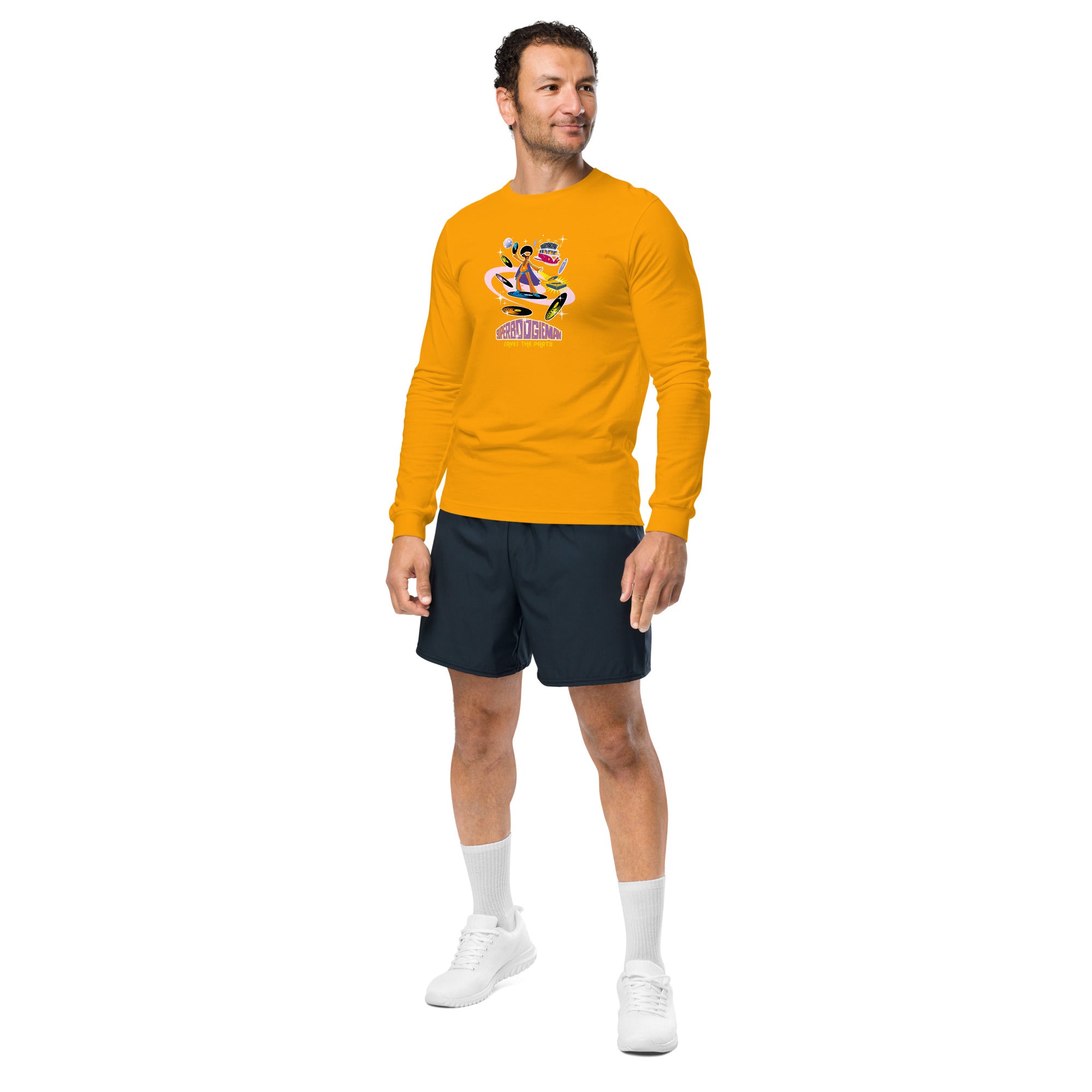Unisex Long Sleeve Tee Superboogieman Saves the Party (front & back)