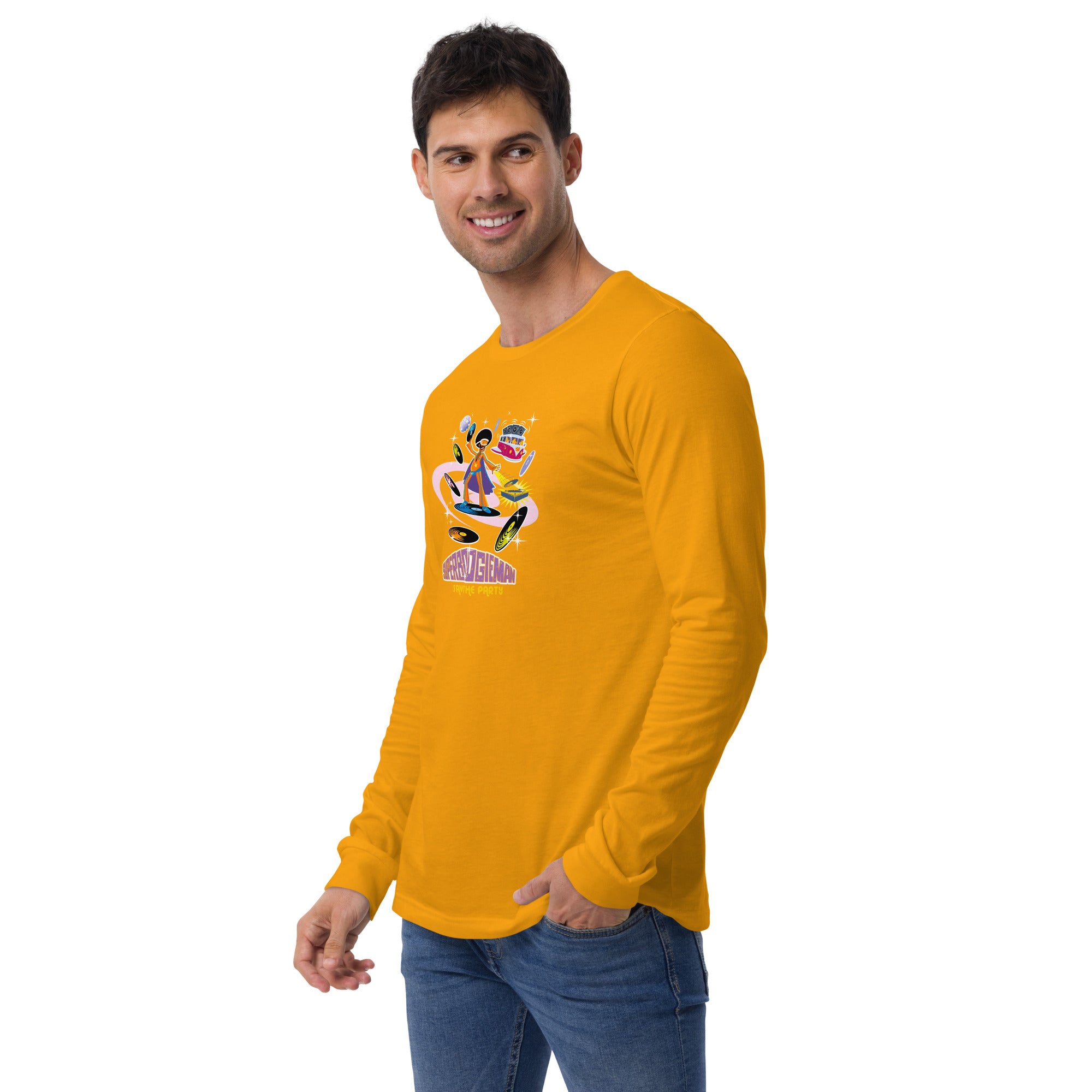Unisex Long Sleeve Tee Superboogieman Saves the Party (front & back)