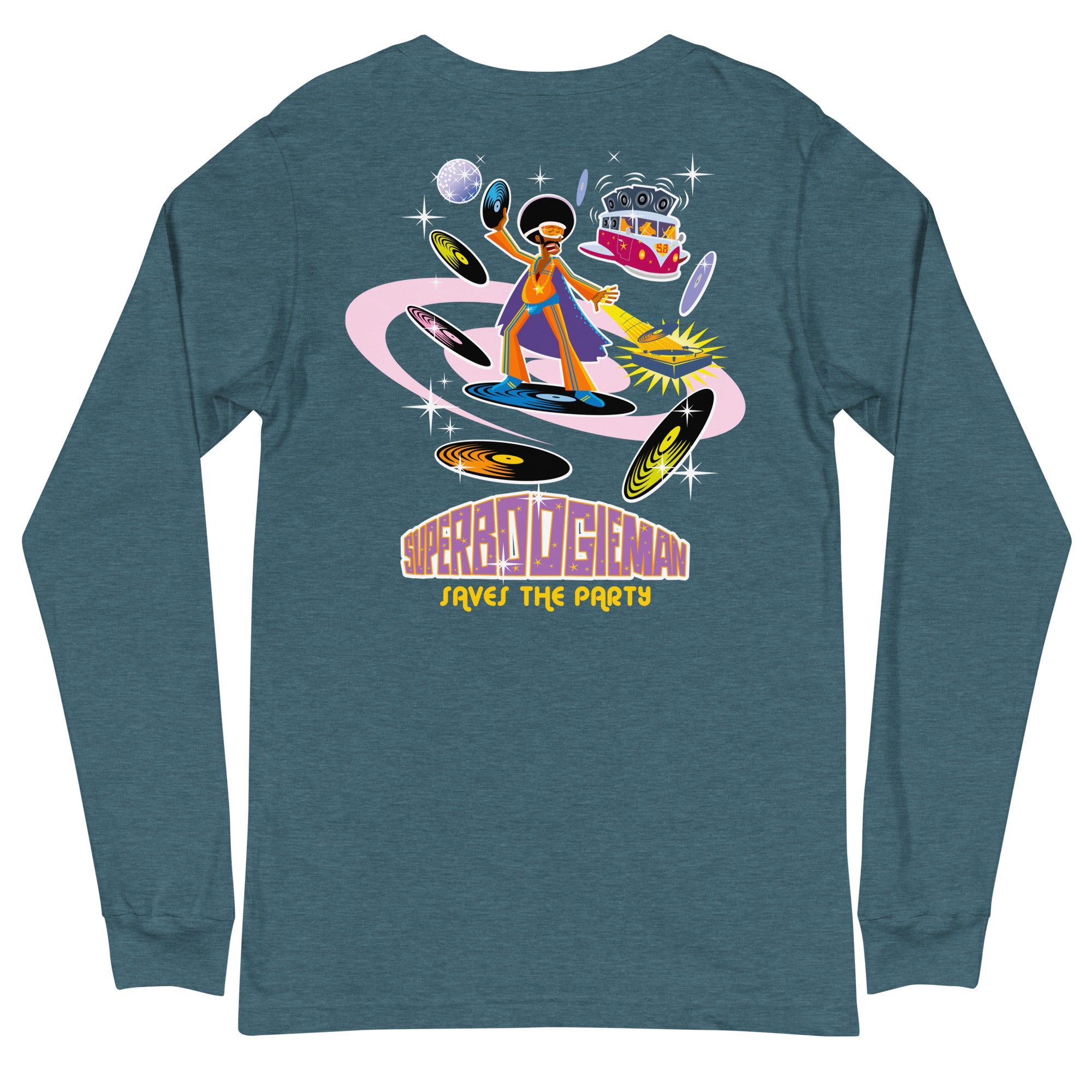 Unisex Long Sleeve Tee Superboogieman Saves the Party (front & back) on heather colors