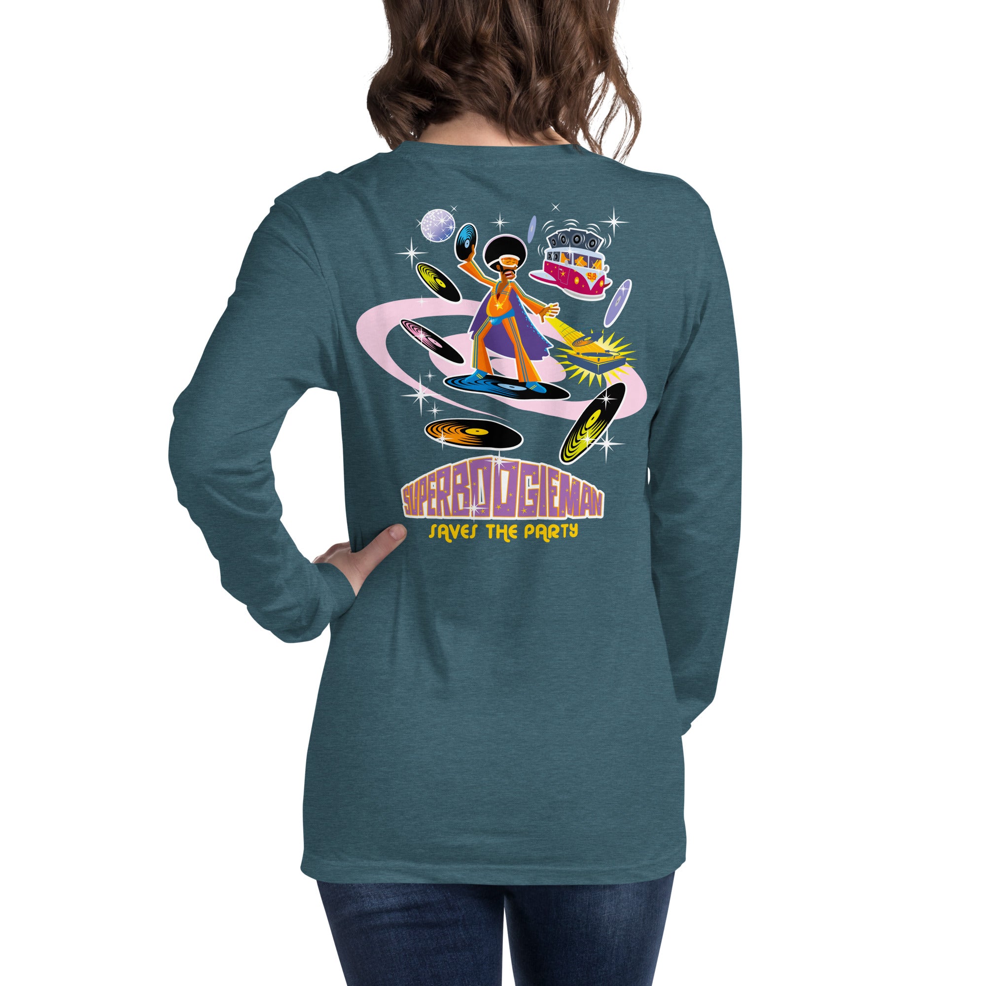 Unisex Long Sleeve Tee Superboogieman Saves the Party (front & back) on heather colors