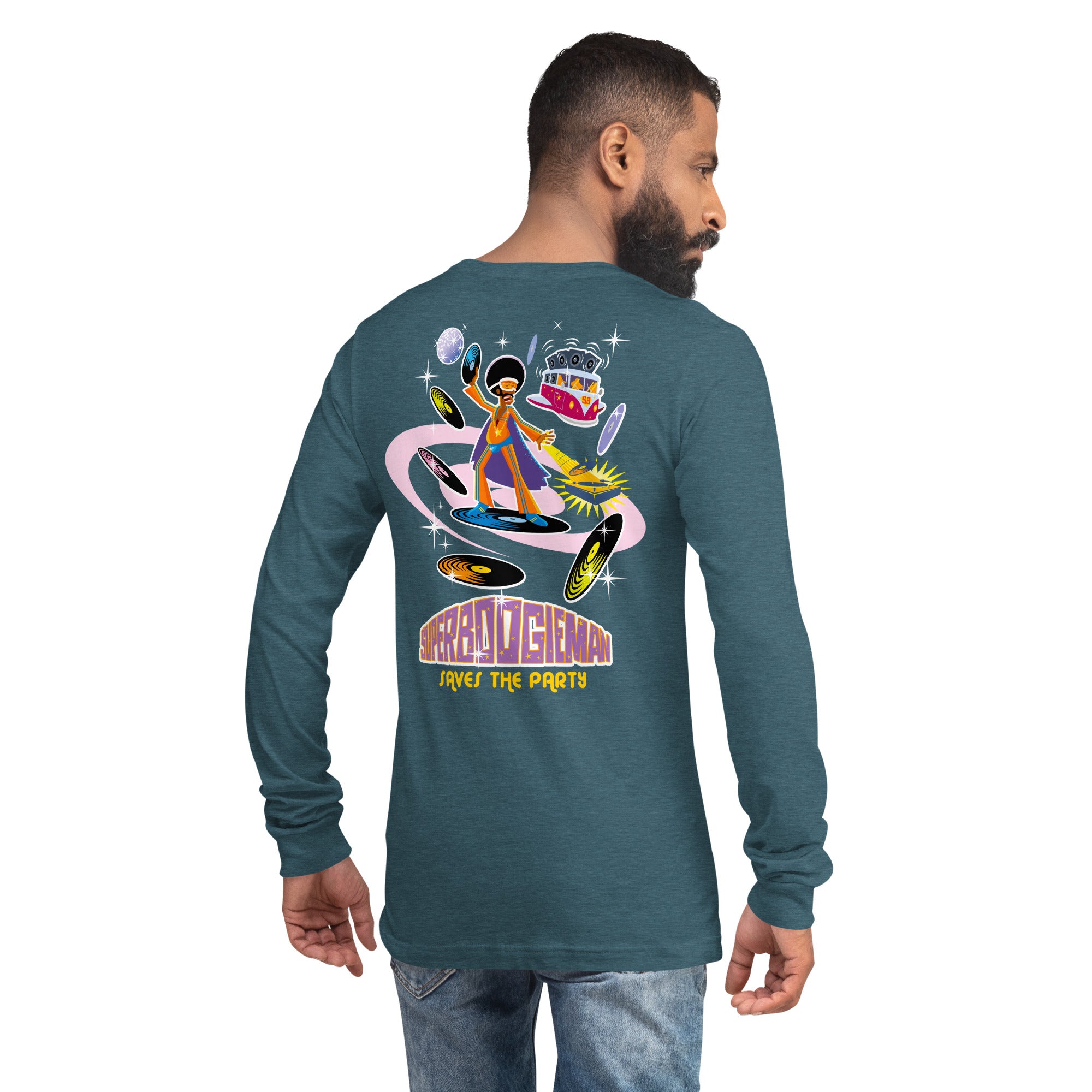 Unisex Long Sleeve Tee Superboogieman Saves the Party (front & back) on heather colors