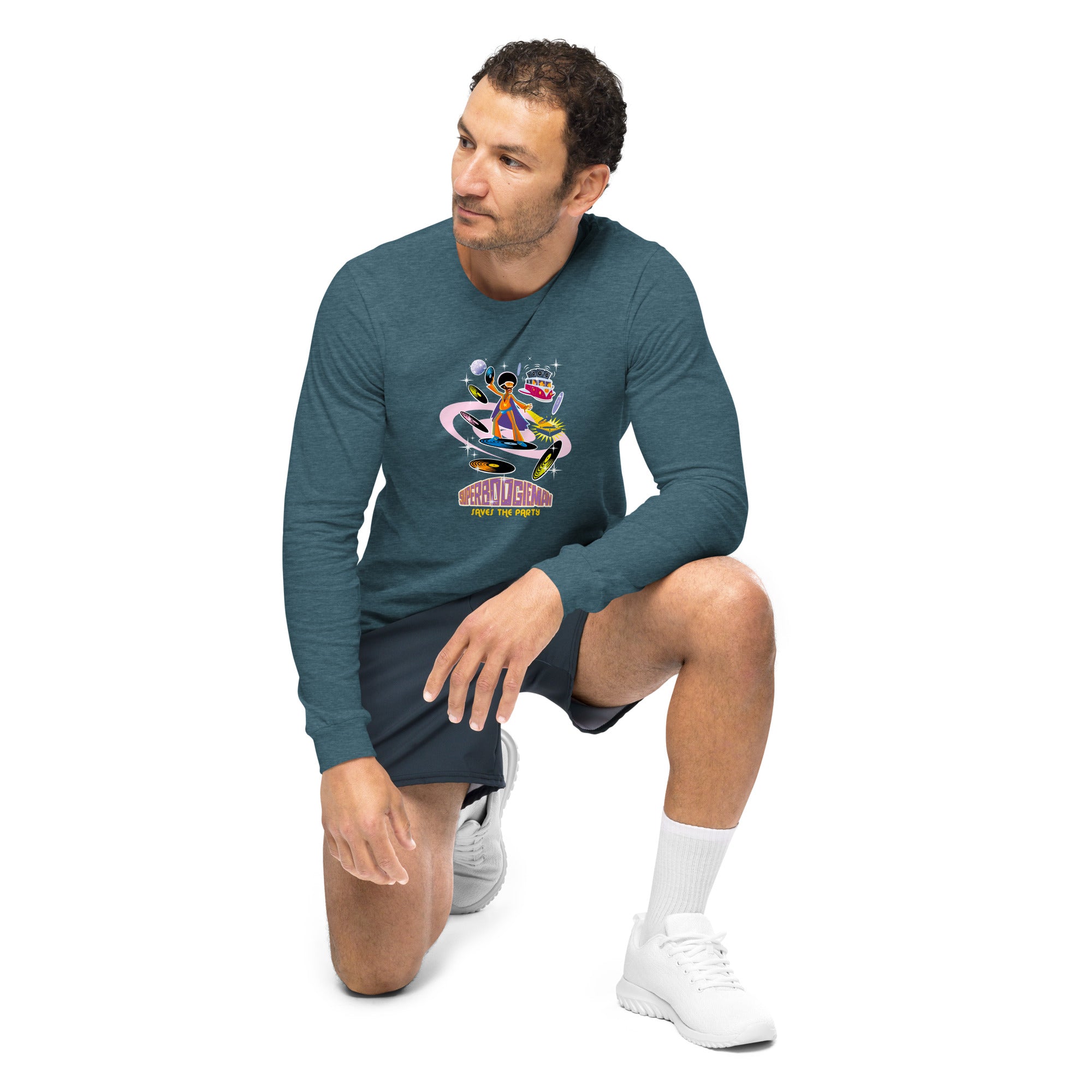 Unisex Long Sleeve Tee Superboogieman Saves the Party (front & back) on heather colors