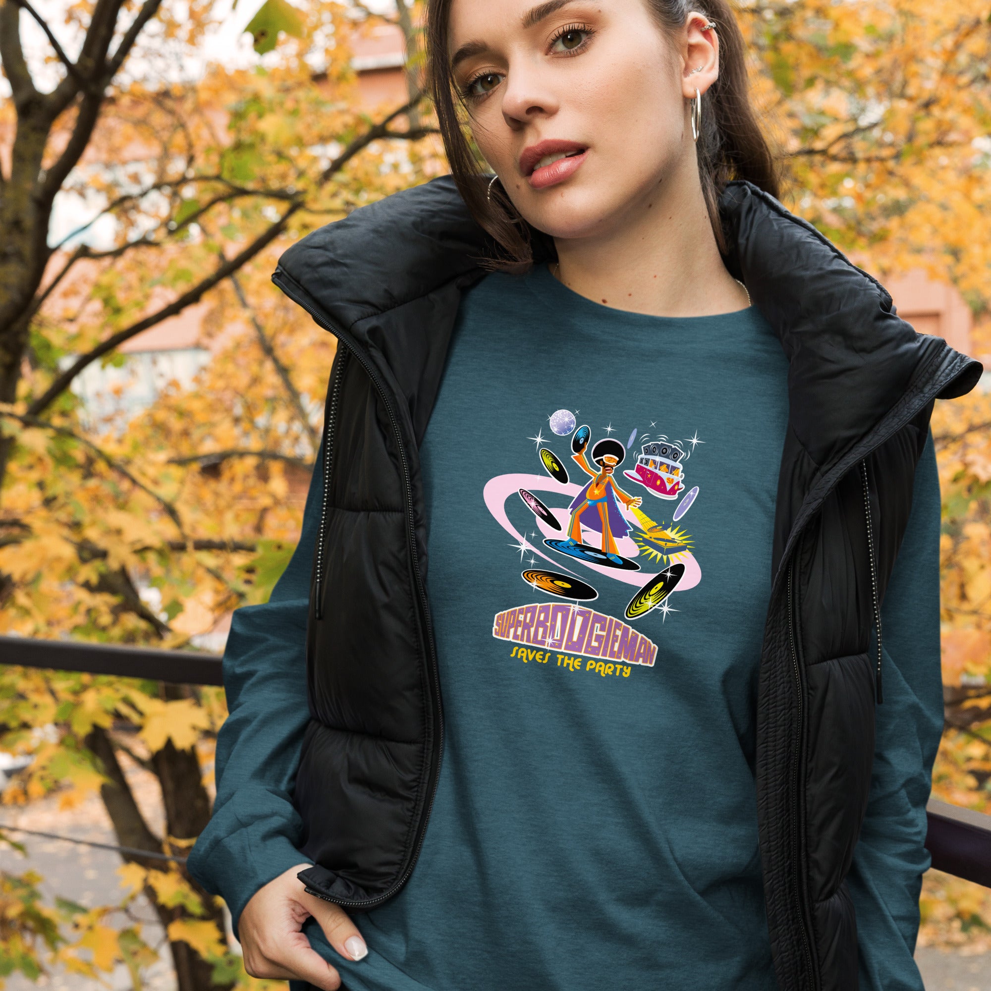 Unisex Long Sleeve Tee Superboogieman Saves the Party (front & back) on heather colors